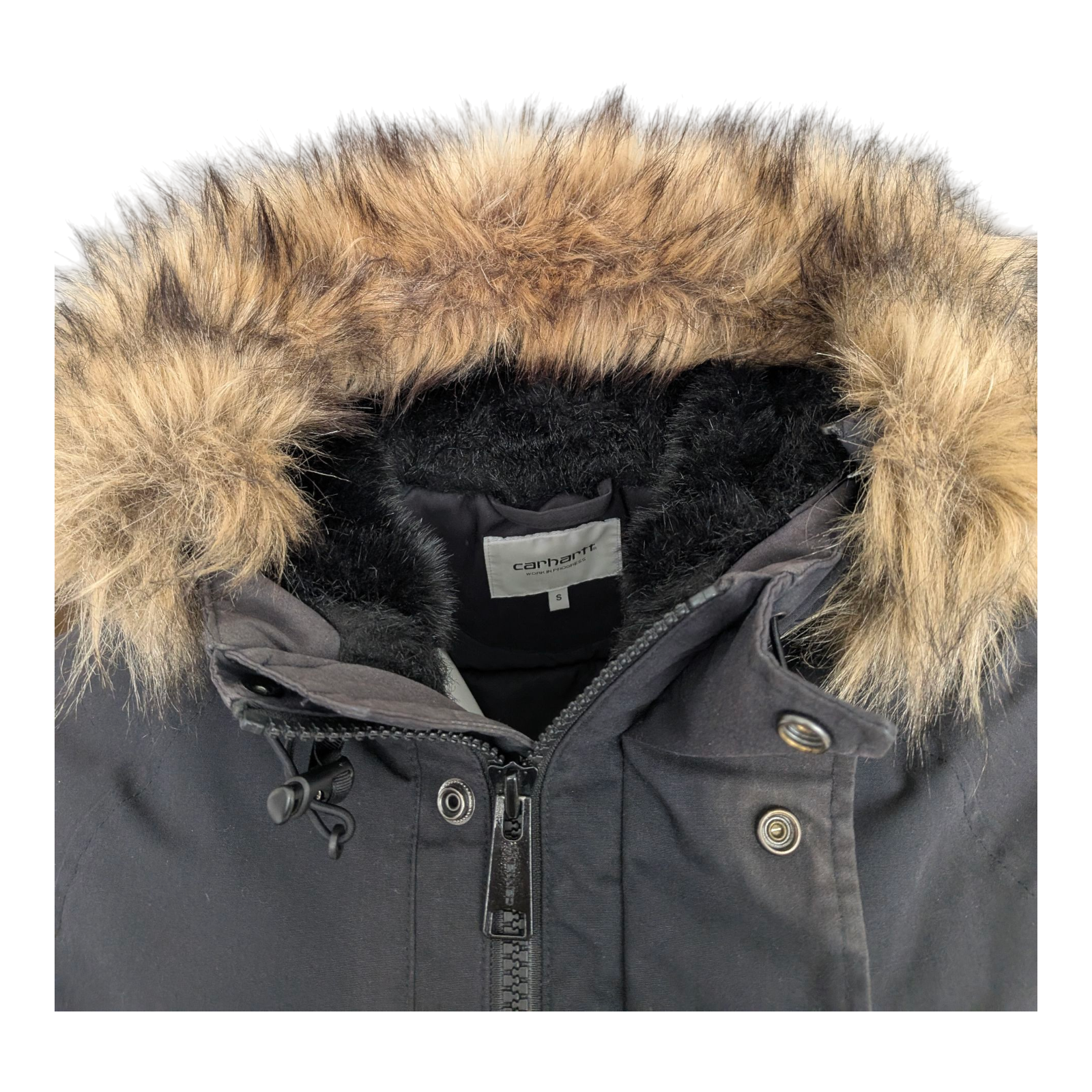 Carhartt WIP Trapper Jacket Black Faux Fur Hood Men’s Size S Small Winter Parka - USASTARFASHION