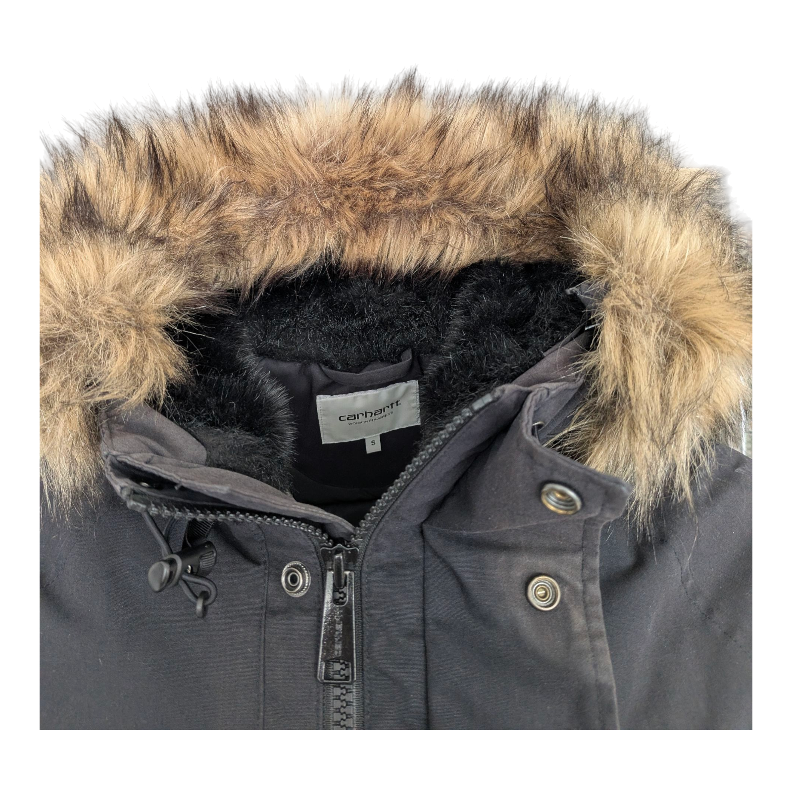Carhartt WIP Trapper Jacket Black Faux Fur Hood Men’s Size S Small Winter Parka - USASTARFASHION