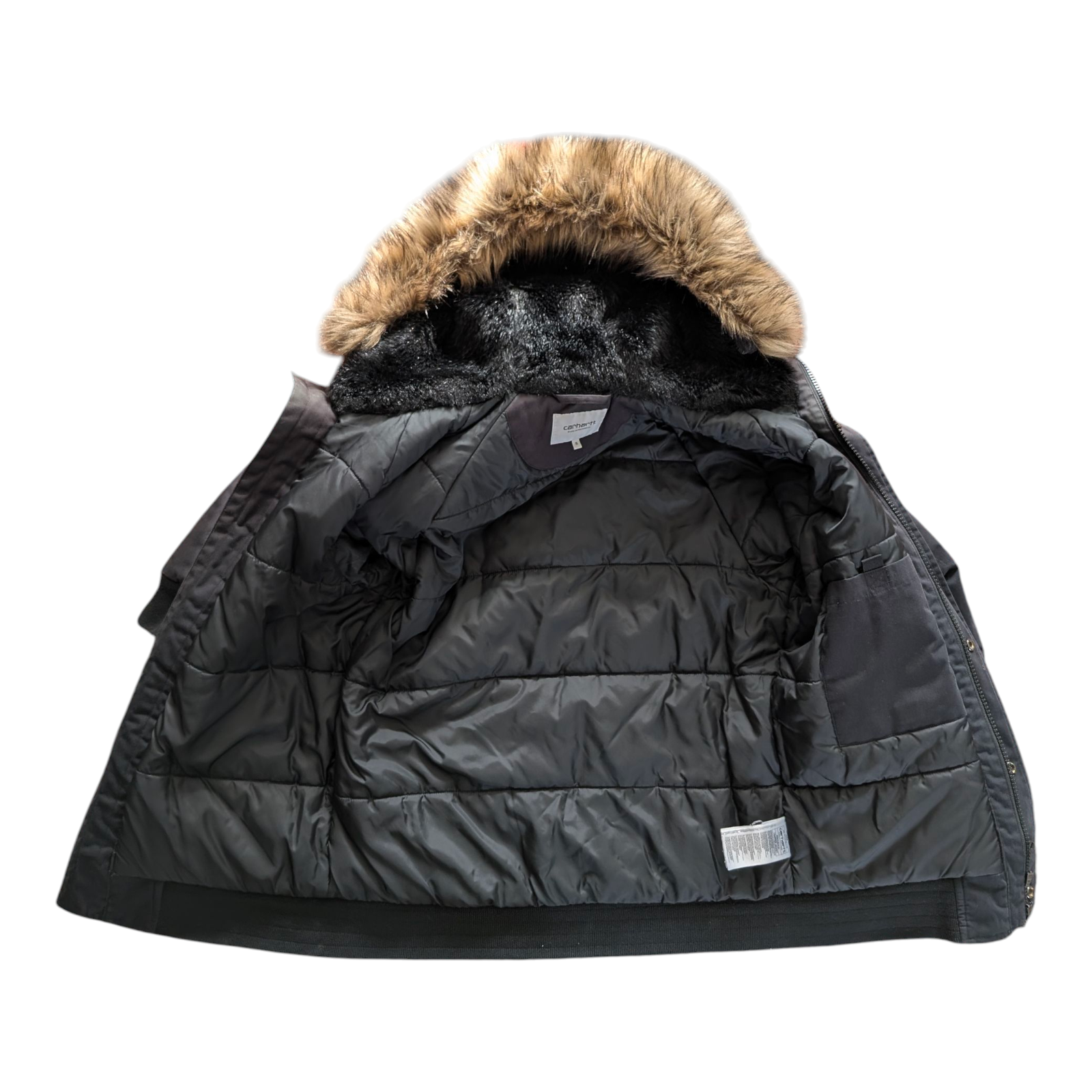 Carhartt WIP Trapper Jacket Black Faux Fur Hood Men’s Size S Small Winter Parka - USASTARFASHION