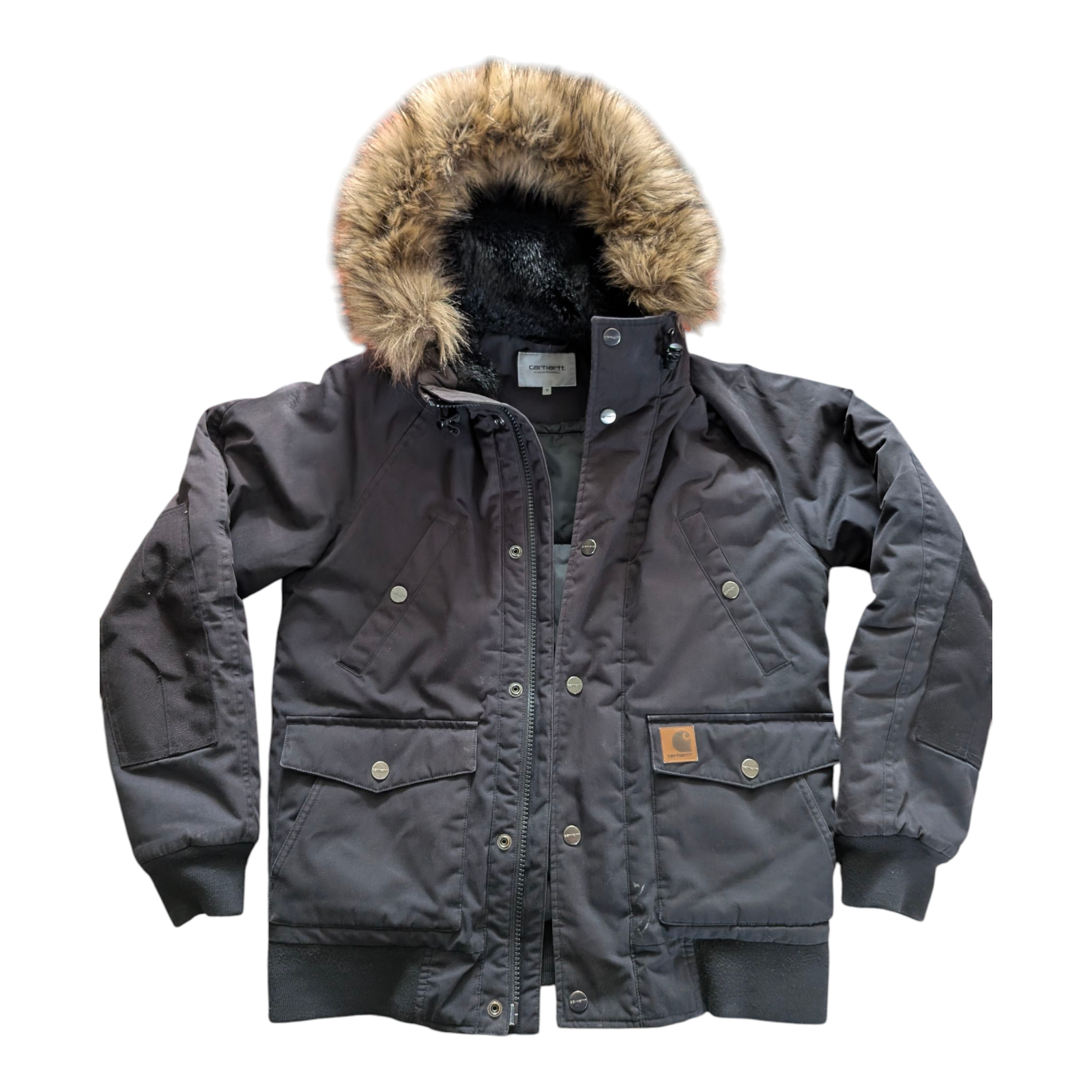 Carhartt WIP Trapper Jacket Black Faux Fur Hood Men’s Size S Small Winter Parka - USASTARFASHION