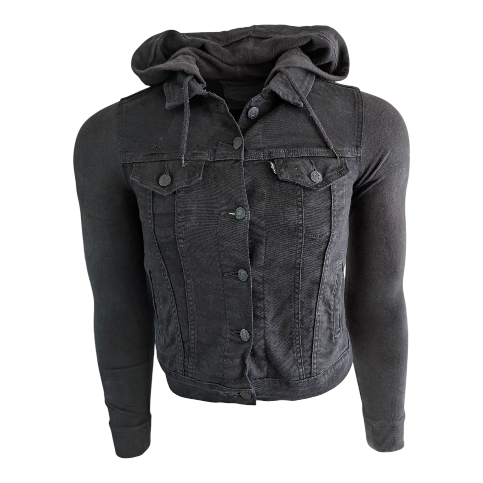 Levi’s Hybrid Original Trucker Jacket Black Small Hooded Denim Sweatshirt Sleeve - USASTARFASHION