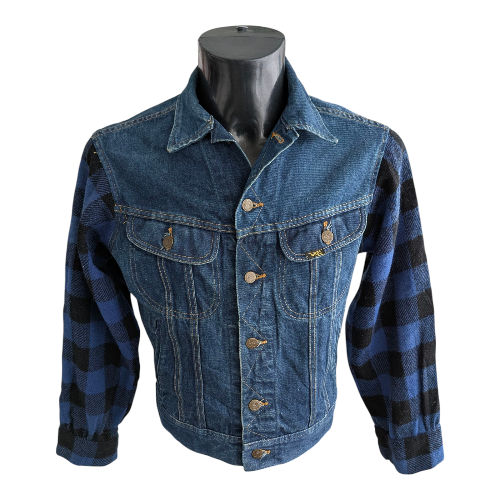 Vintage Lee Denim Jacket Flannel Sleeves Made in USA Blue Jean Workwear 36R - USASTARFASHION