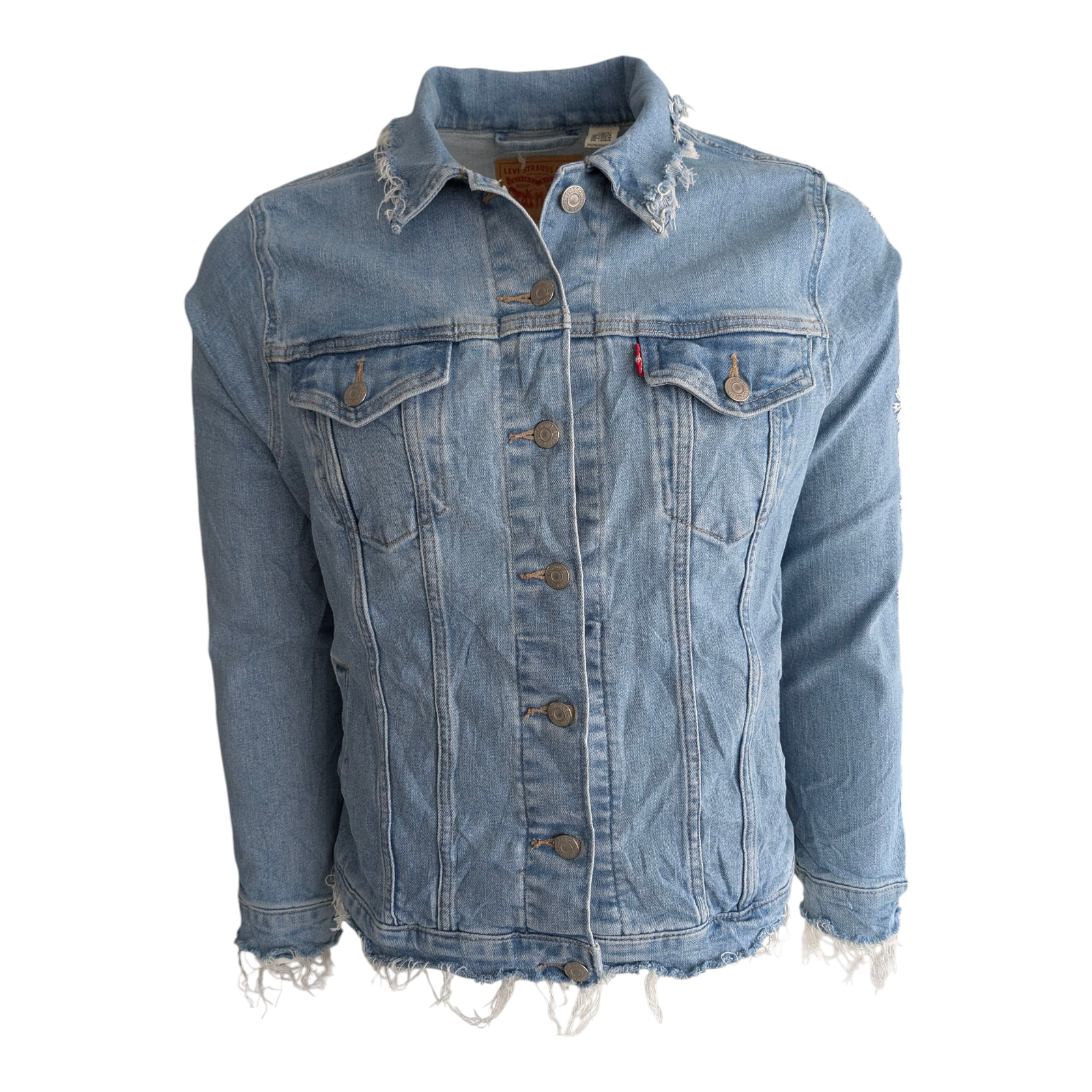 Levi’s Women’s Denim Trucker Jacket Distressed Embroidered Floral Blue 2X Plus - USASTARFASHION
