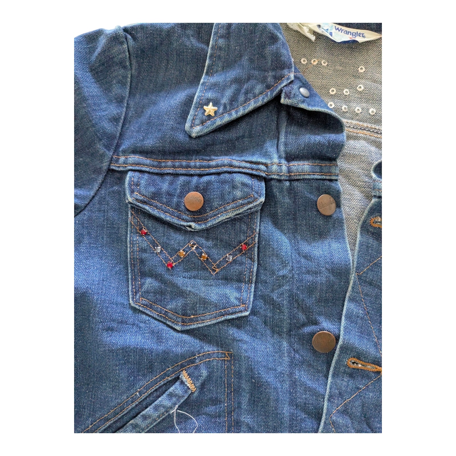 Vintage Wrangler Girls Denim Jacket Kids Large Age 8-10 Embellished Stars Blue - USASTARFASHION