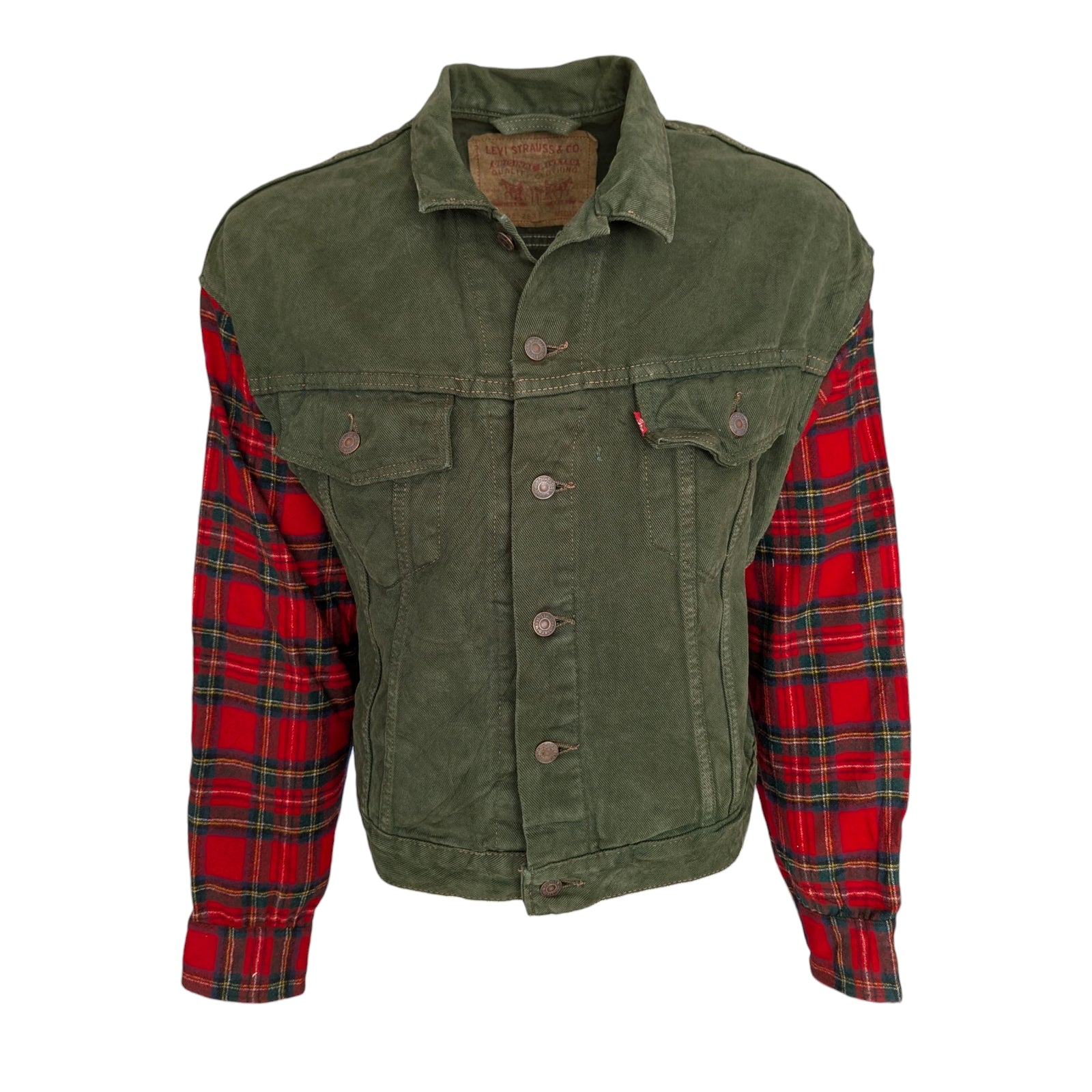 Vintage Levi's Green Denim Jacket with Red Plaid Sleeves Made in USA Size M - USASTARFASHION