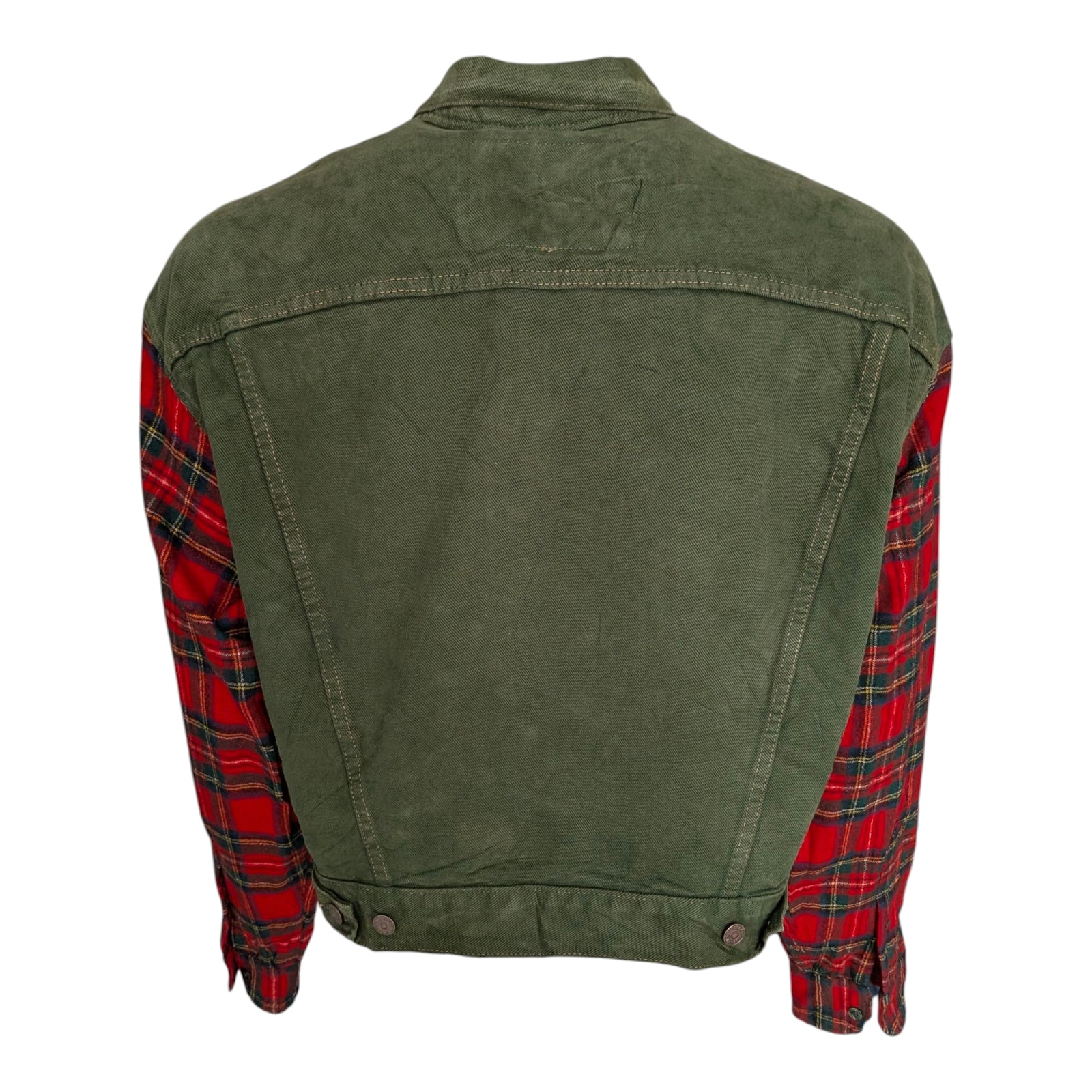 Vintage Levi's Green Denim Jacket with Red Plaid Sleeves Made in USA Size M - USASTARFASHION