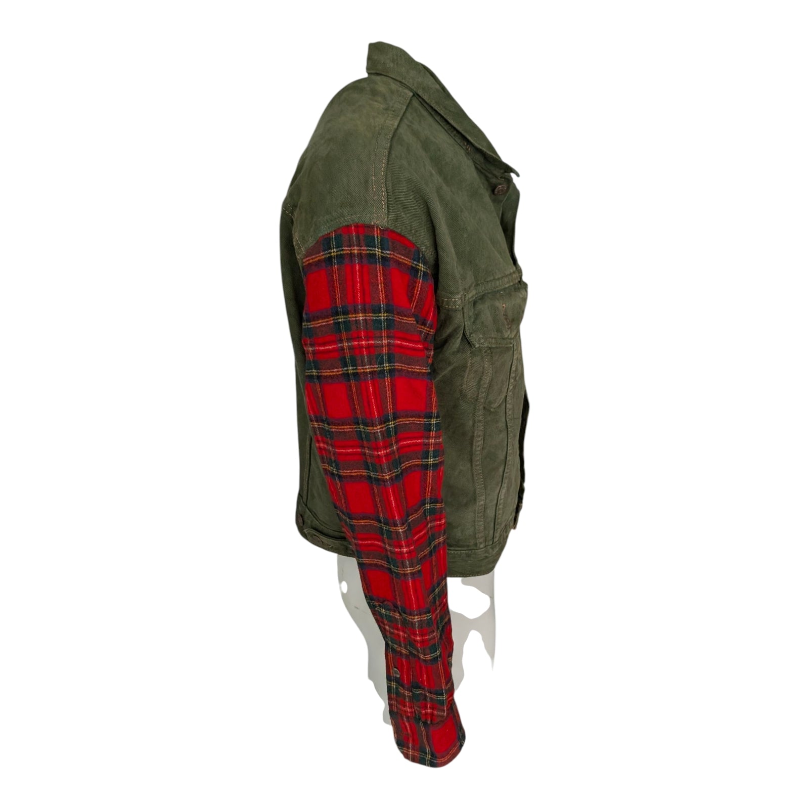 Vintage Levi's Green Denim Jacket with Red Plaid Sleeves Made in USA Size M - USASTARFASHION
