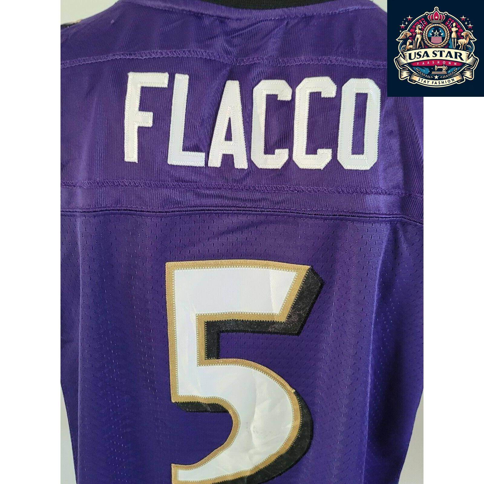 Baltimore Ravens Jersey Youth XL Flacco 5 Reebok Purple Durable Comfort High - Quality Fabric - USASTARFASHION
