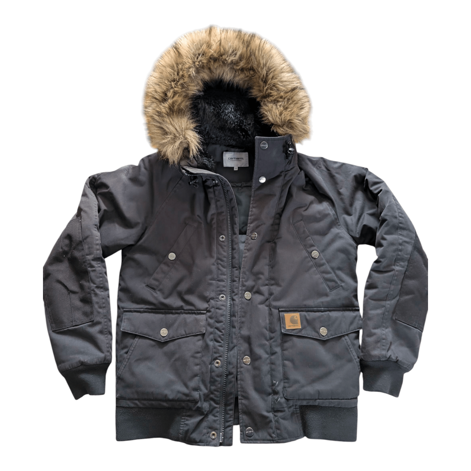Carhartt WIP Trapper Jacket Black Faux Fur Hood Men’s Size S Small Winter Parka - USASTARFASHION