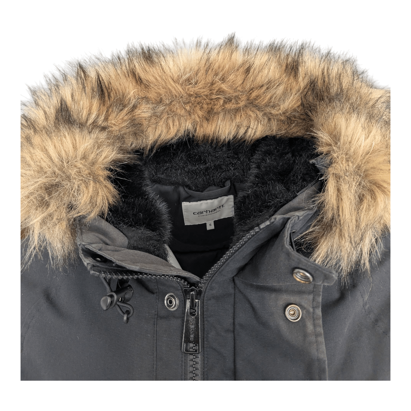 Carhartt WIP Trapper Jacket Black Faux Fur Hood Men’s Size S Small Winter Parka - USASTARFASHION