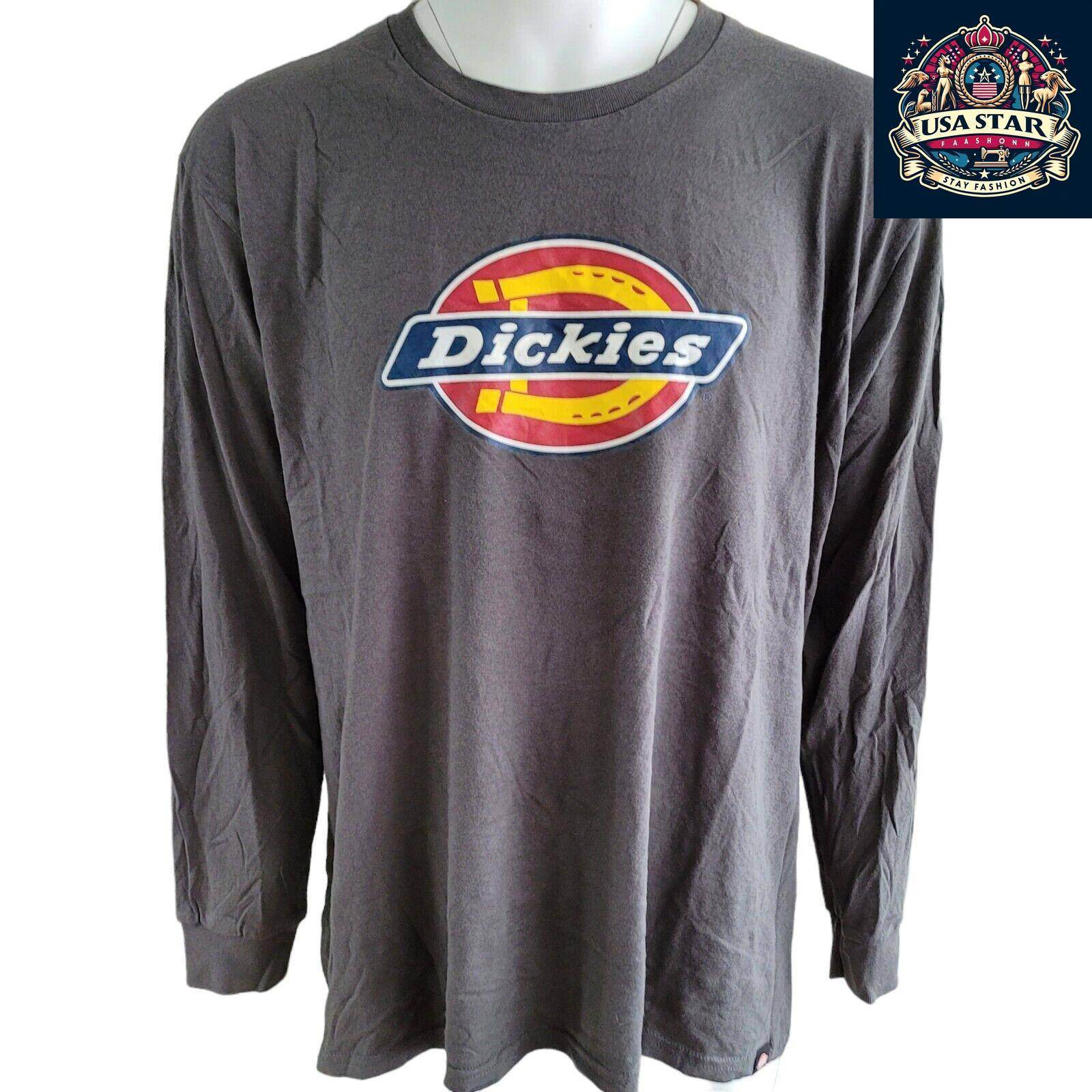 Dickies Gray Long Sleeve T-Shirt for Men, 2XL, 100% Cotton, Comfortable Crew Neck Design - USASTARFASHION