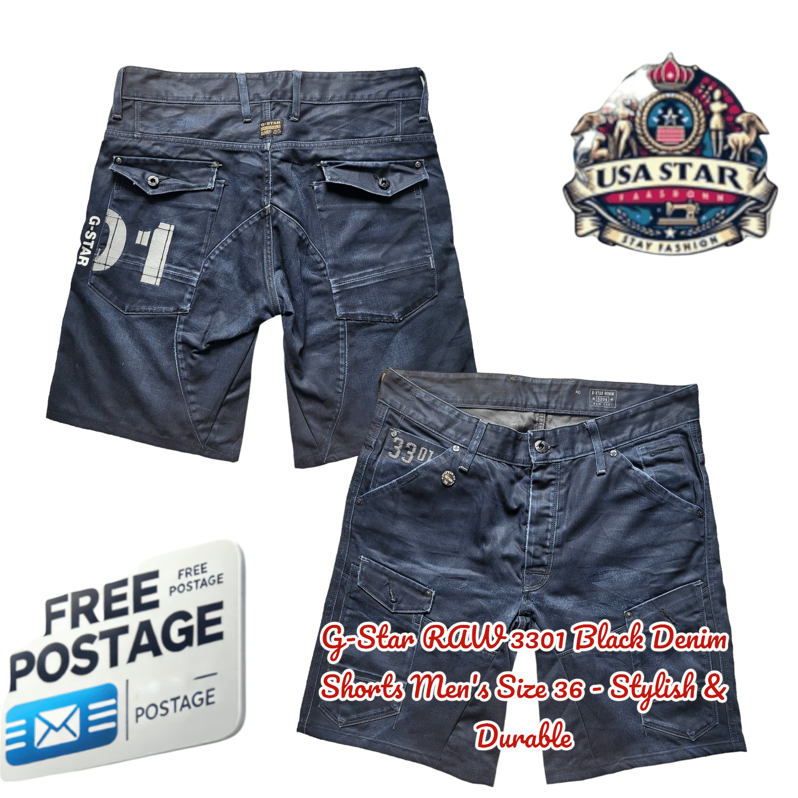 G - Star RAW 3301 Black Denim Shorts Men's Size 36 - Stylish & Durable - USASTARFASHION
