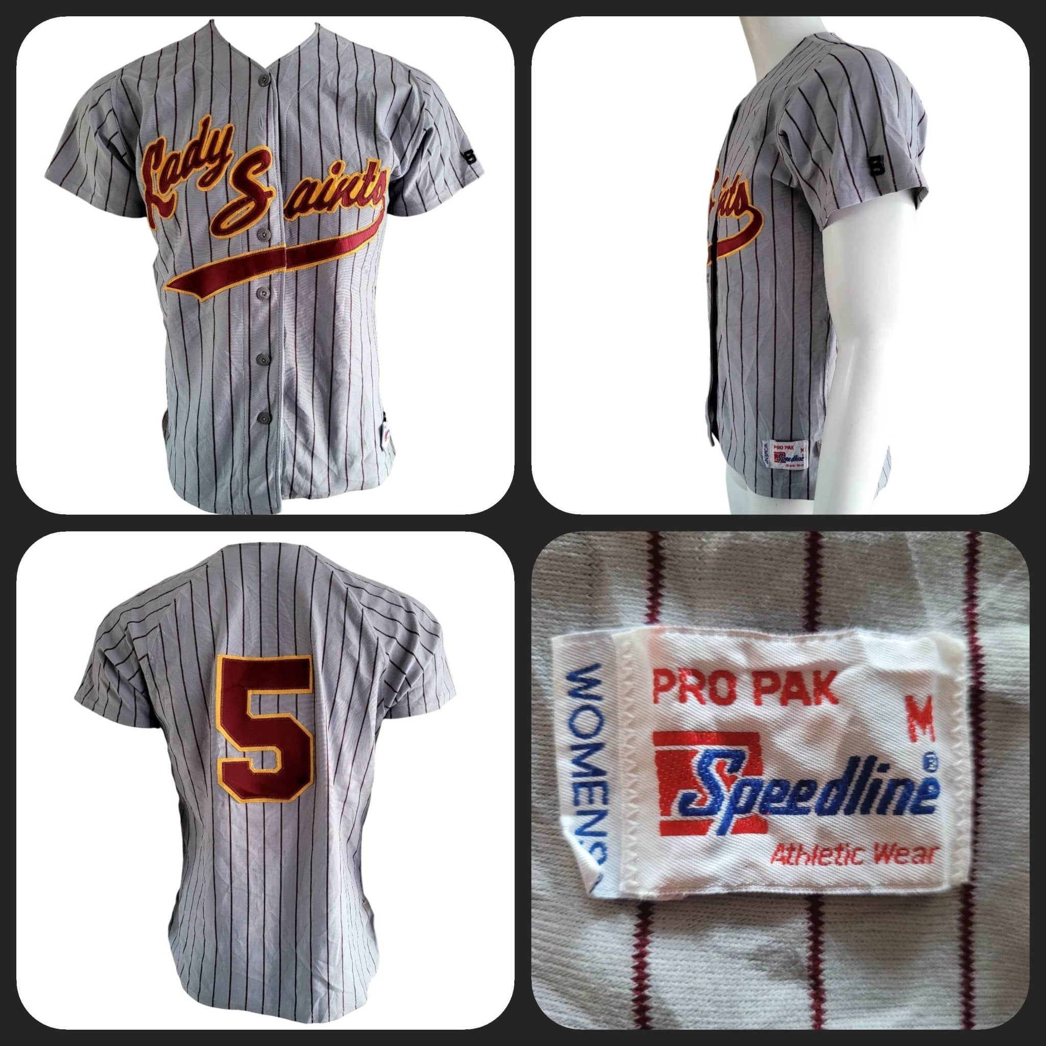 Lady Saints Women's Baseball Jersey 5 in Grey Pinstripe with Maroon and Gold Accents - Medium - USASTARFASHION