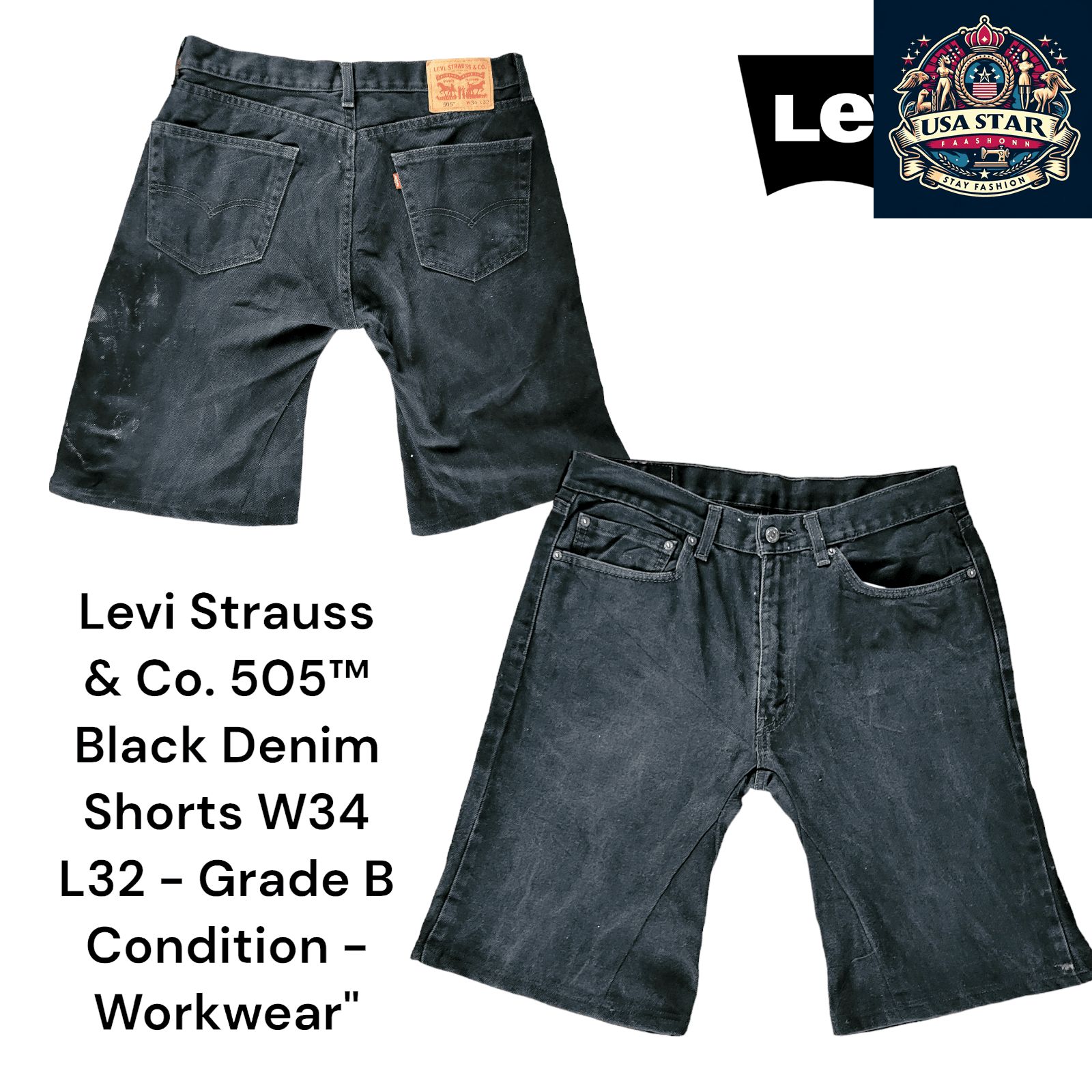 Levi 505 Denim Shorts W34 L32, Grade B, Durable Black Denim Workwear for Comfort and Style - USASTARFASHION