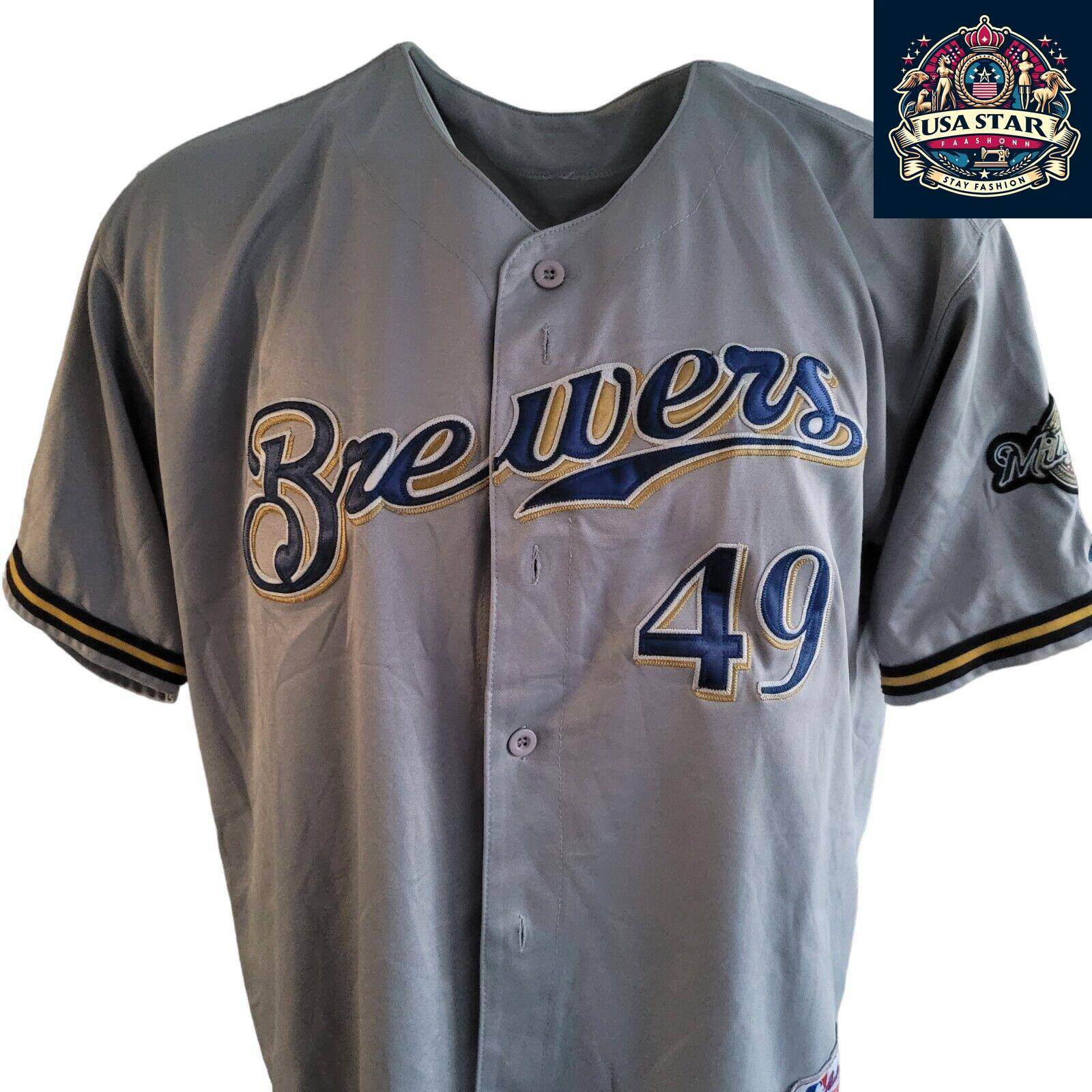 Majestic 49 Yovani Gallardo Jersey - Milwaukee Brewers Authentic Fan Apparel Size 54 Grey - USASTARFASHION