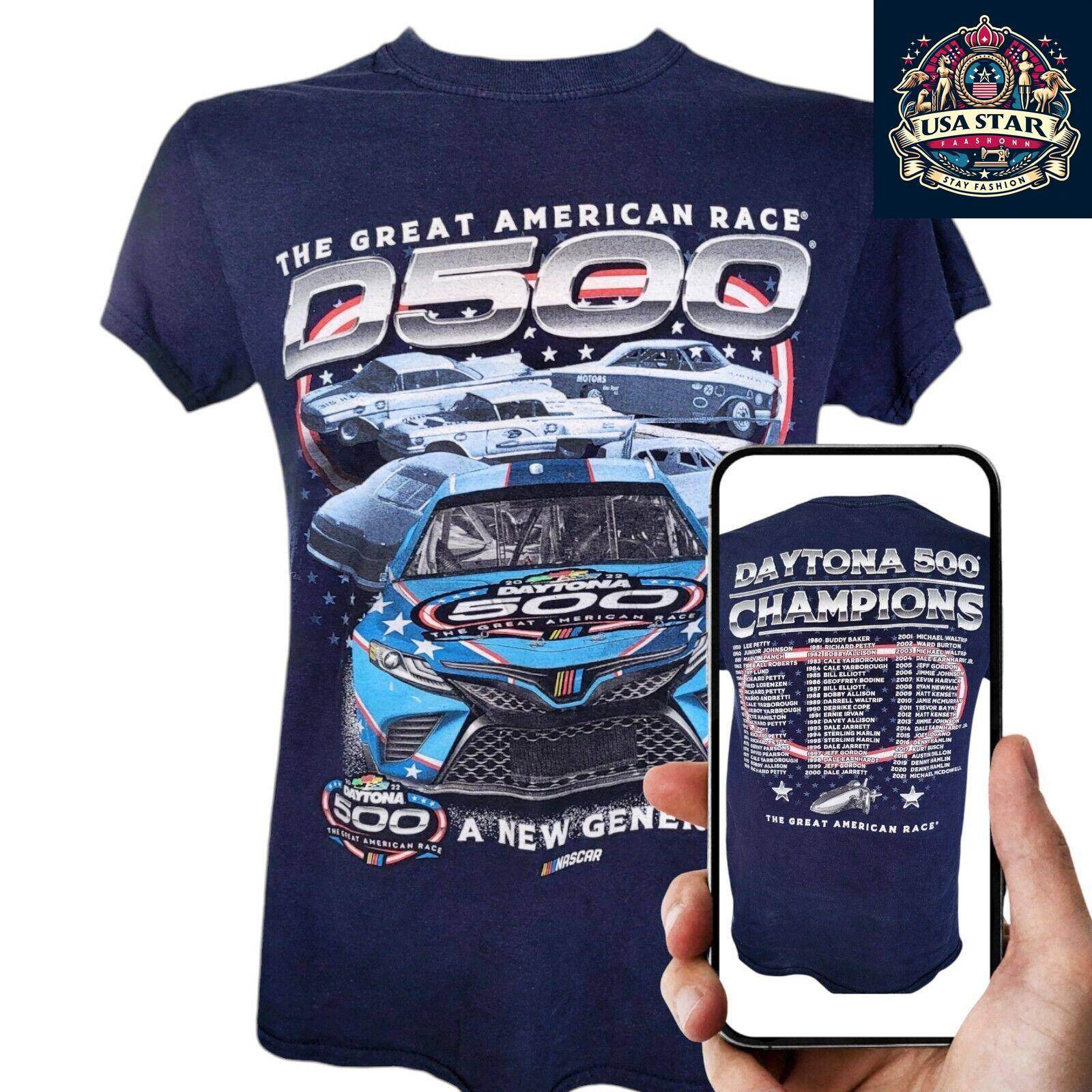 NASCAR Daytona 500 T-Shirt 1959 - 2021 Champions Graphic - 100% Cotton, Small, Comfortable Fit - USASTARFASHION