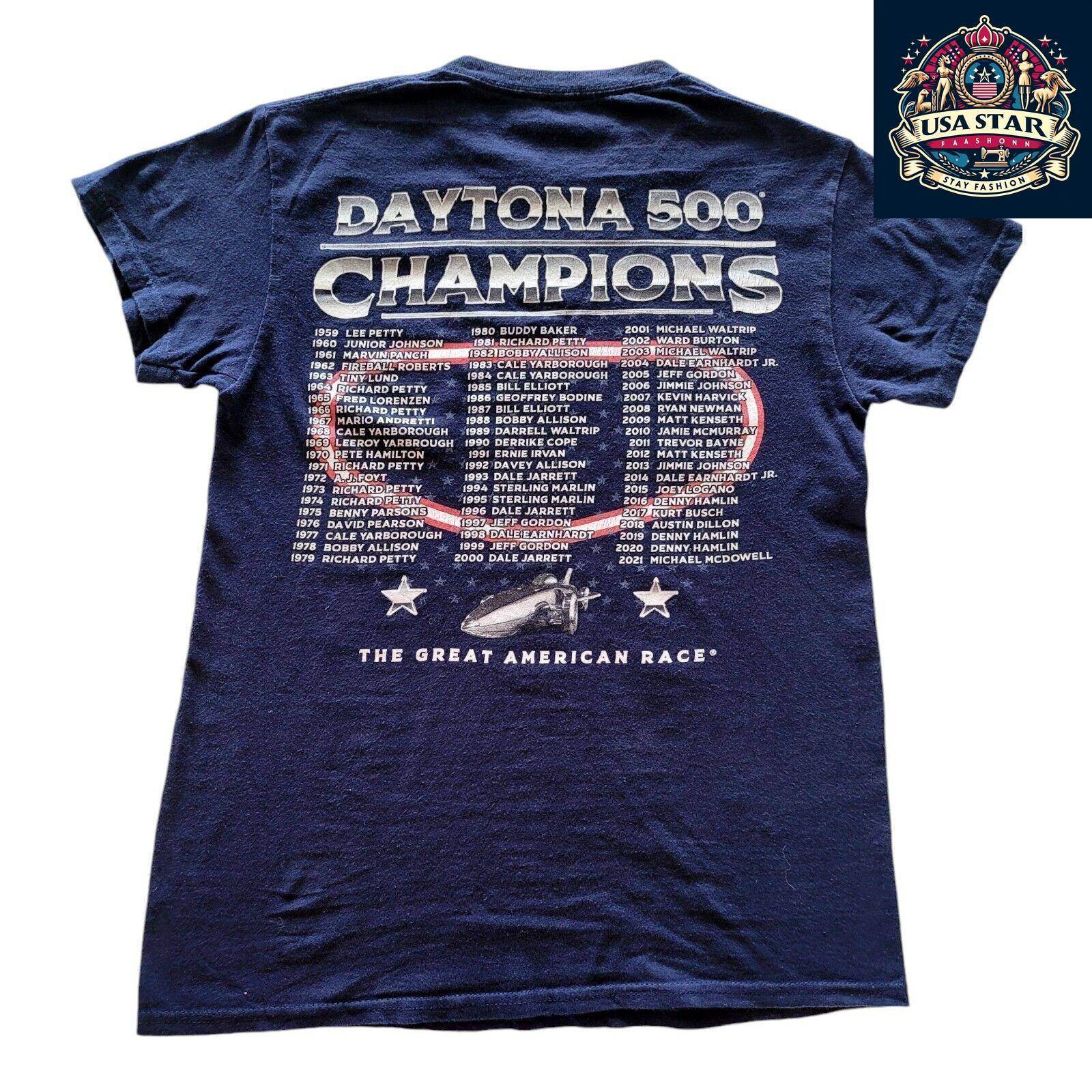 NASCAR Daytona 500 T-Shirt 1959 - 2021 Champions Graphic - 100% Cotton, Small, Comfortable Fit - USASTARFASHION