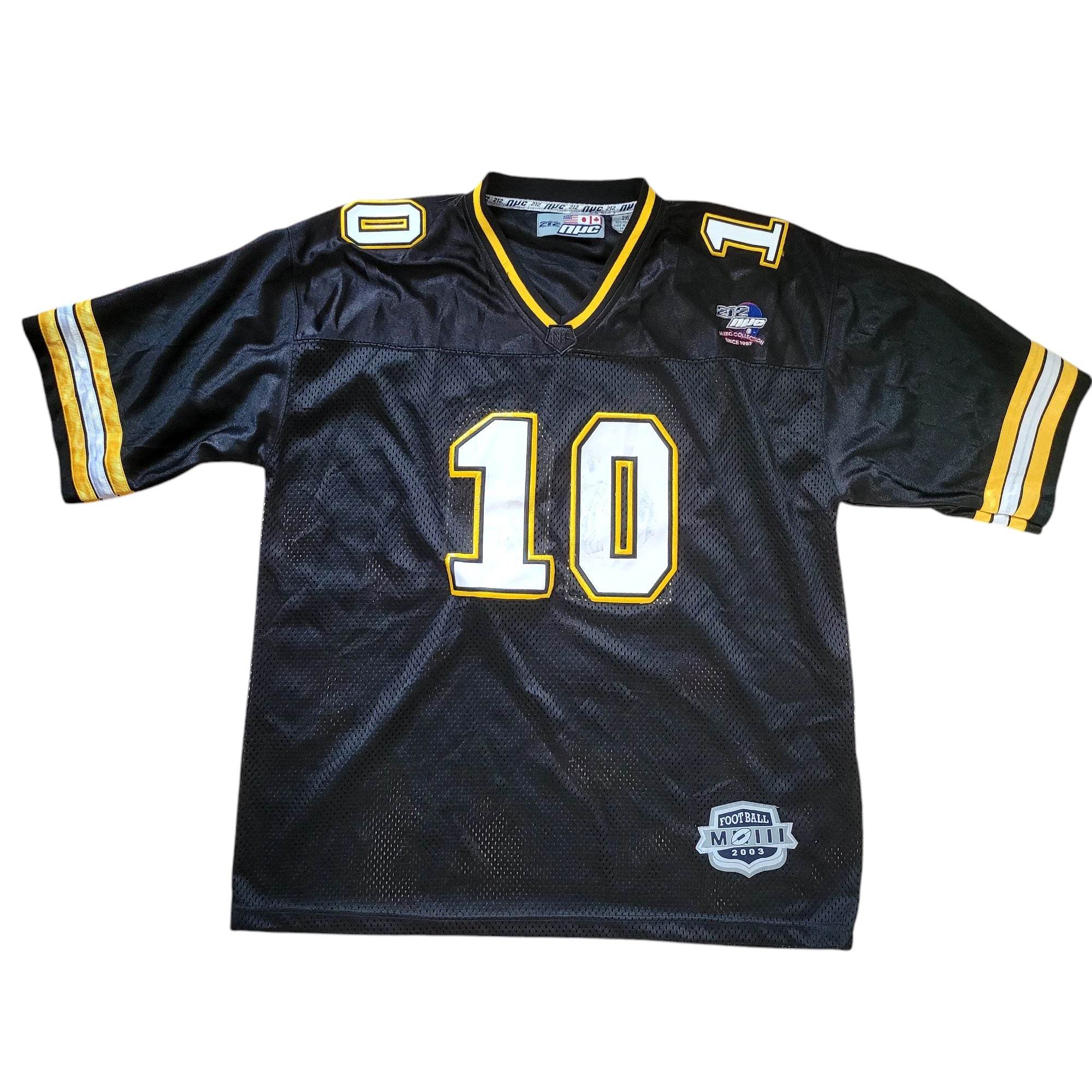212 NYC Y2K Football Jersey 10 – Black & Gold – Patent Leather Numbers – VTG - USASTARFASHION