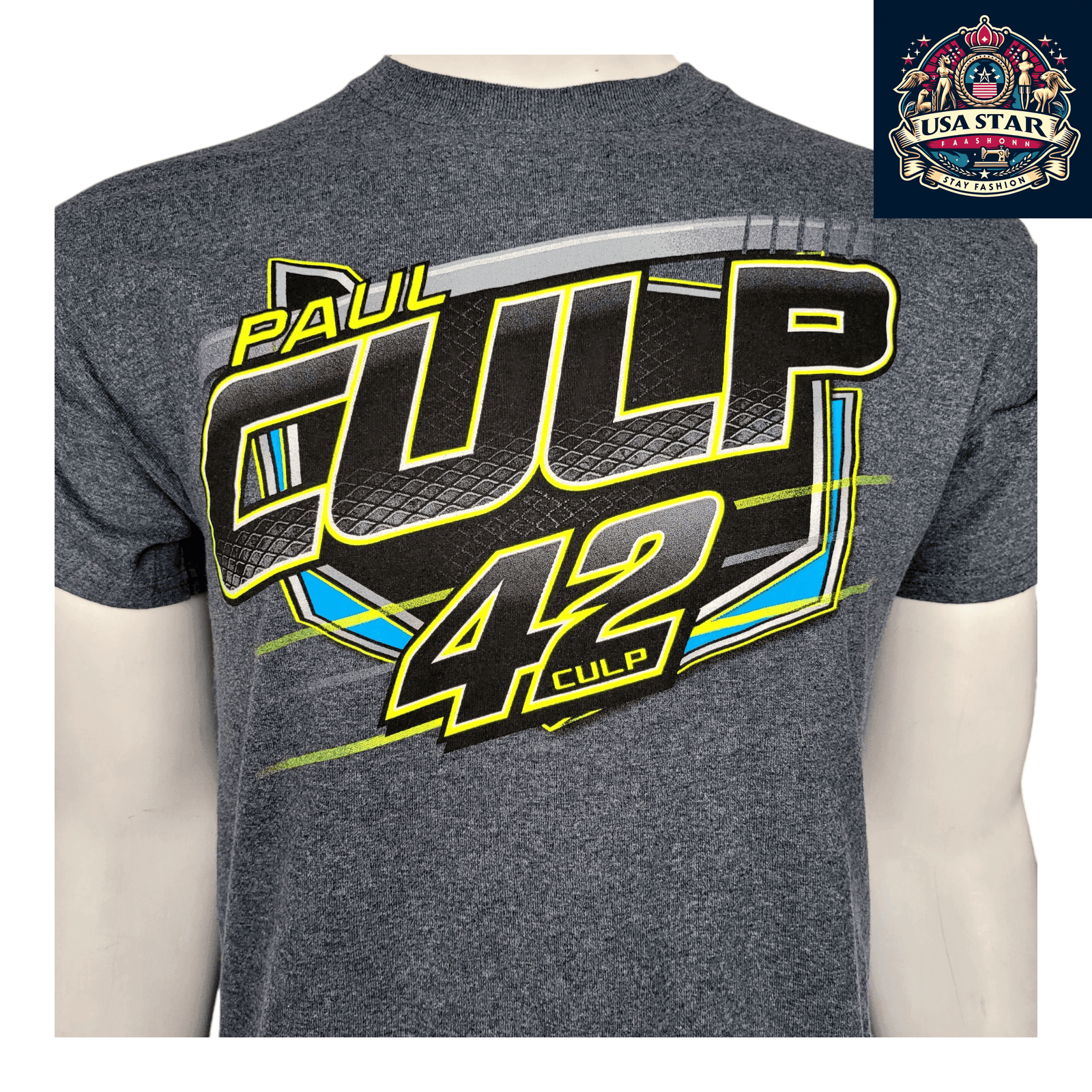 Paul Culp Racing T-Shirt 42 Graphic Tee in Dark Gray, Gildan Fabric, Casual Motorsports Wear, Medium - USASTARFASHION