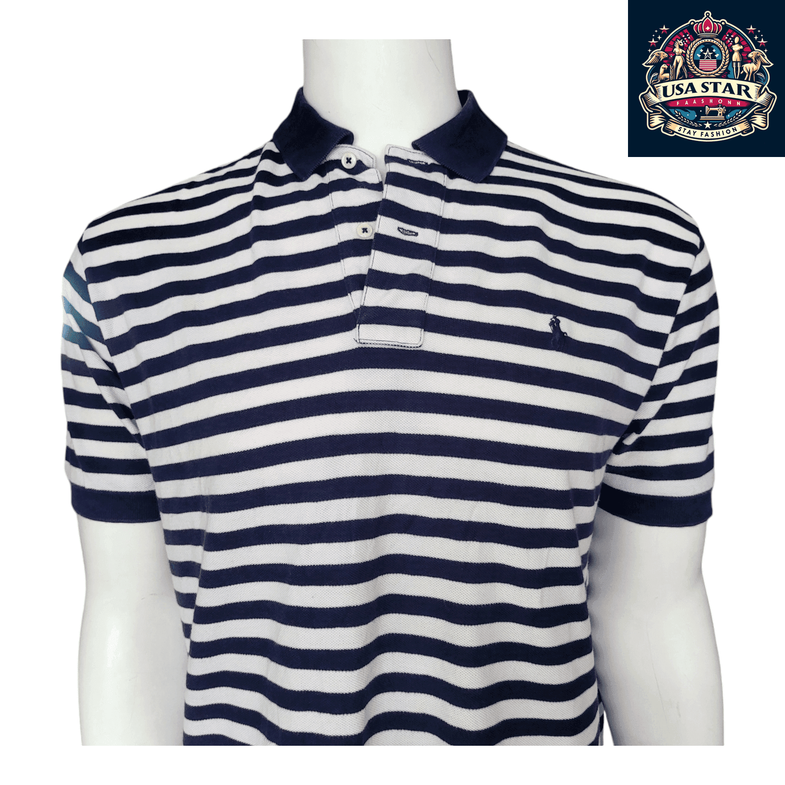 Polo Ralph Lauren Men's Polo Shirt - Large Navy/White Striped, 100% Cotton, Classic Fit - USASTARFASHION