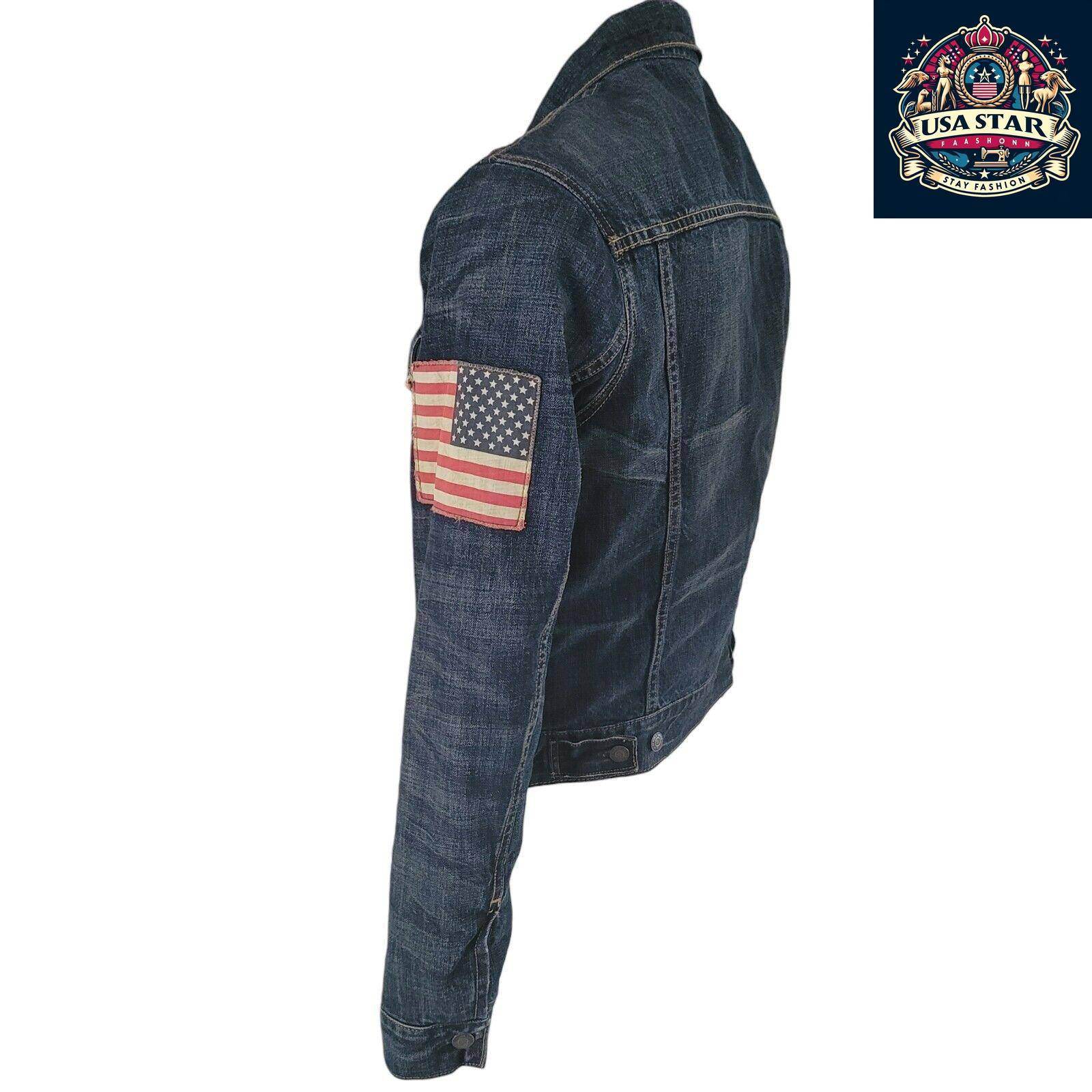 Ralph Lauren Navy Sherpa Denim Jacket Size Small with Flag Theme, Soft Cotton & Practical Pockets - USASTARFASHION