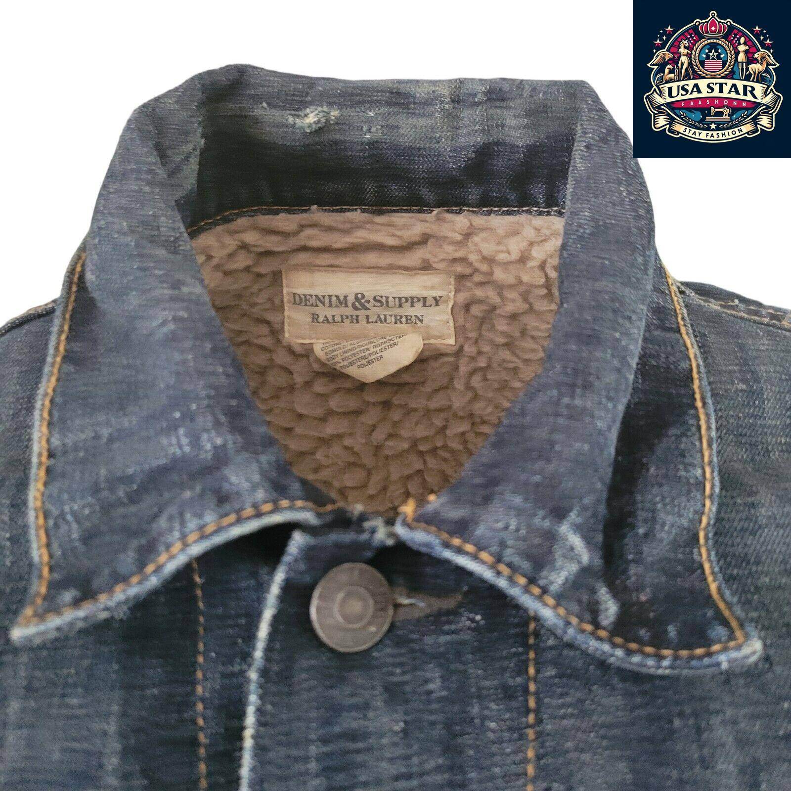 Ralph Lauren Navy Sherpa Denim Jacket Size Small with Flag Theme, Soft Cotton & Practical Pockets - USASTARFASHION