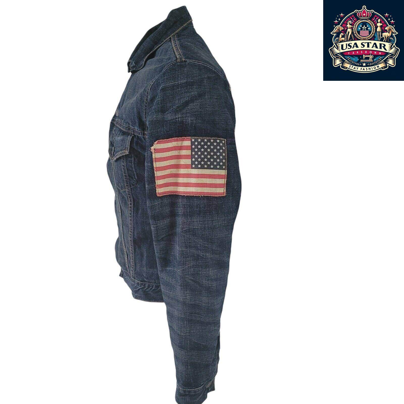Ralph Lauren Navy Sherpa Denim Jacket Size Small with Flag Theme, Soft Cotton & Practical Pockets - USASTARFASHION
