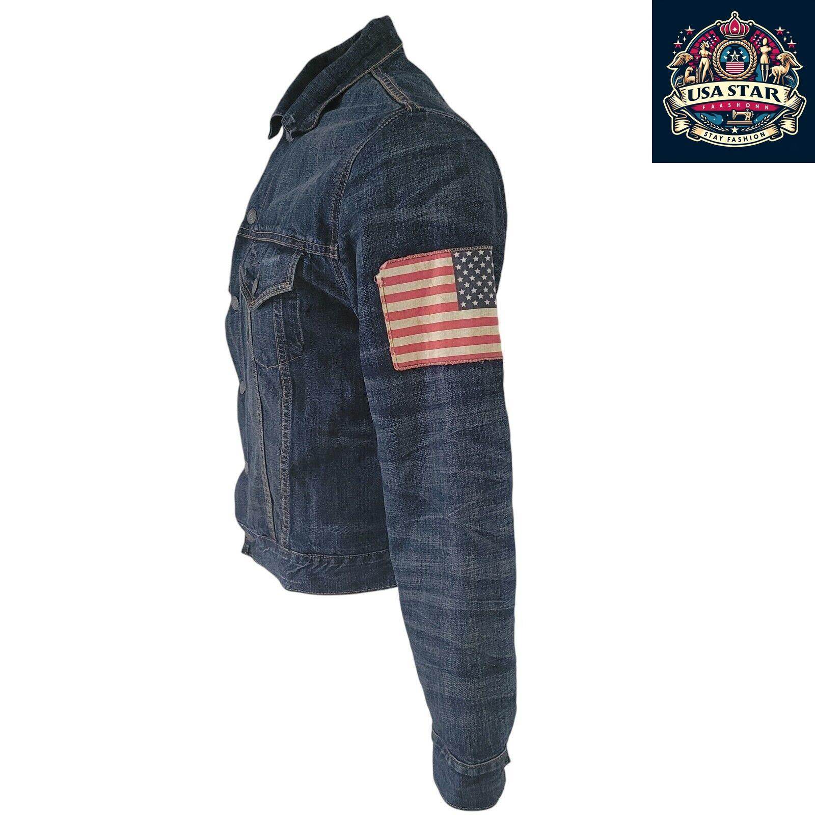 Ralph Lauren Navy Sherpa Denim Jacket Size Small with Flag Theme, Soft Cotton & Practical Pockets - USASTARFASHION