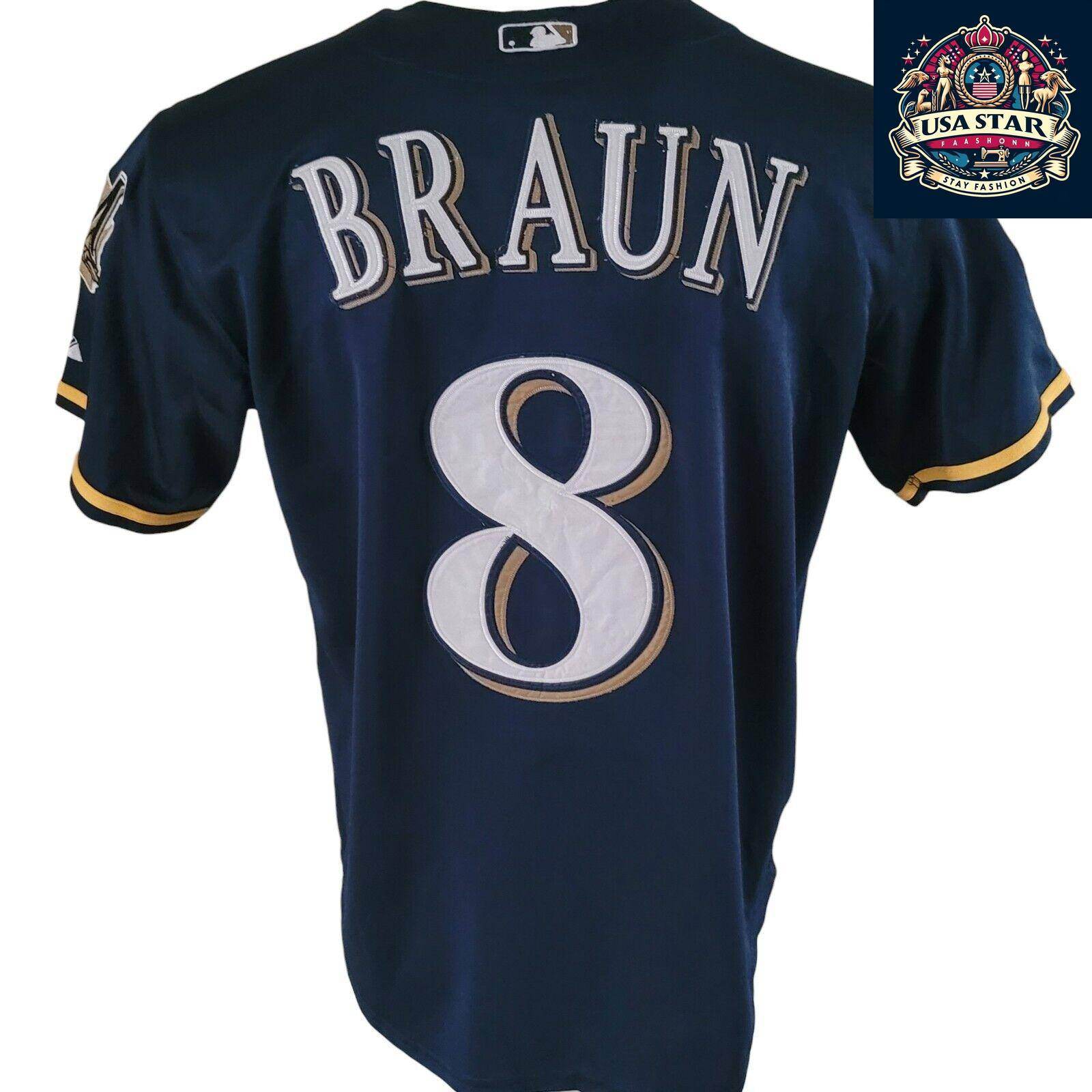 Ryan Braun T-Shirt 8 Milwaukee Brewers 40th Anniversary Majestic Tee Sz M Navy Blue Short Sleeve - USASTARFASHION