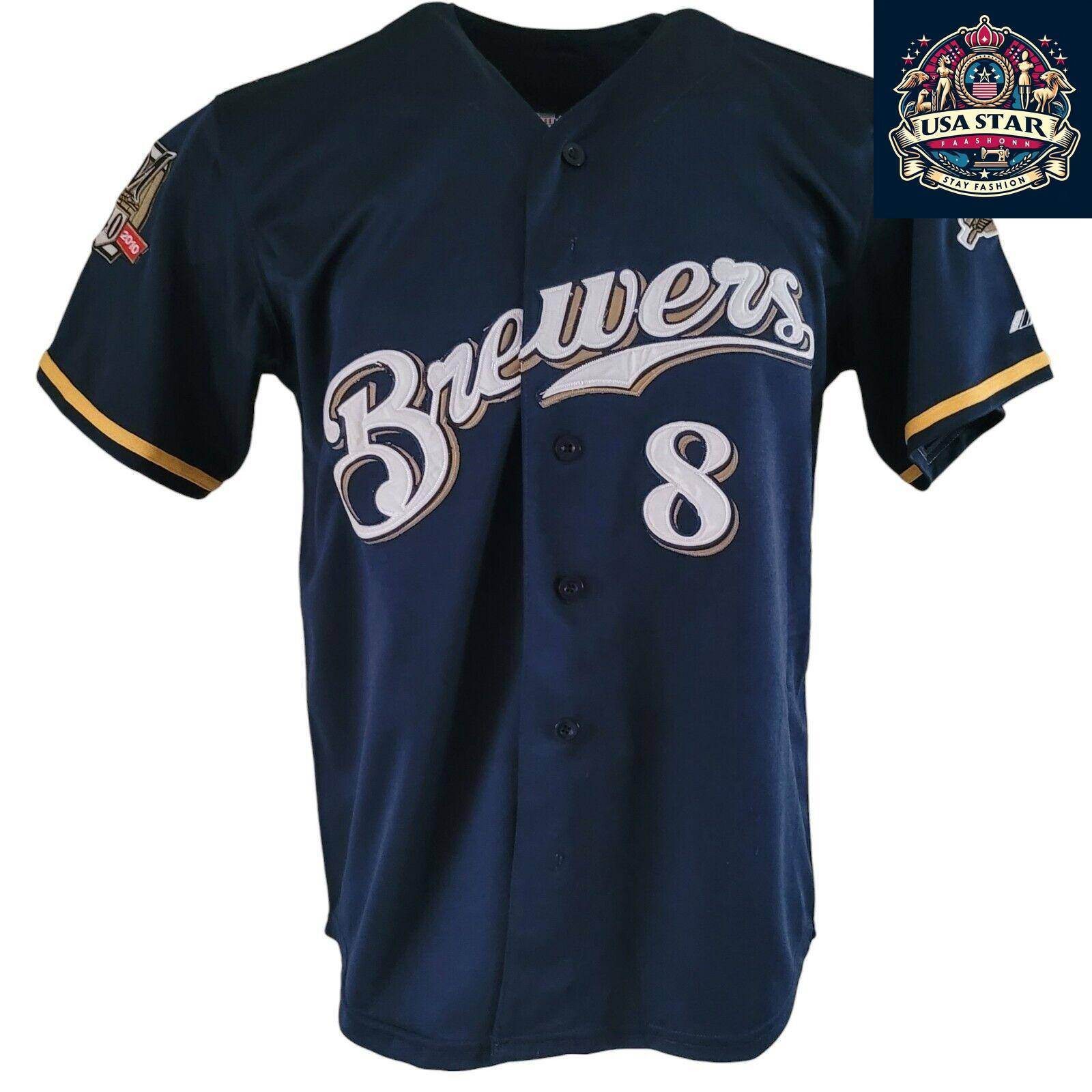 Ryan Braun T-Shirt 8 Milwaukee Brewers 40th Anniversary Majestic Tee Sz M Navy Blue Short Sleeve - USASTARFASHION