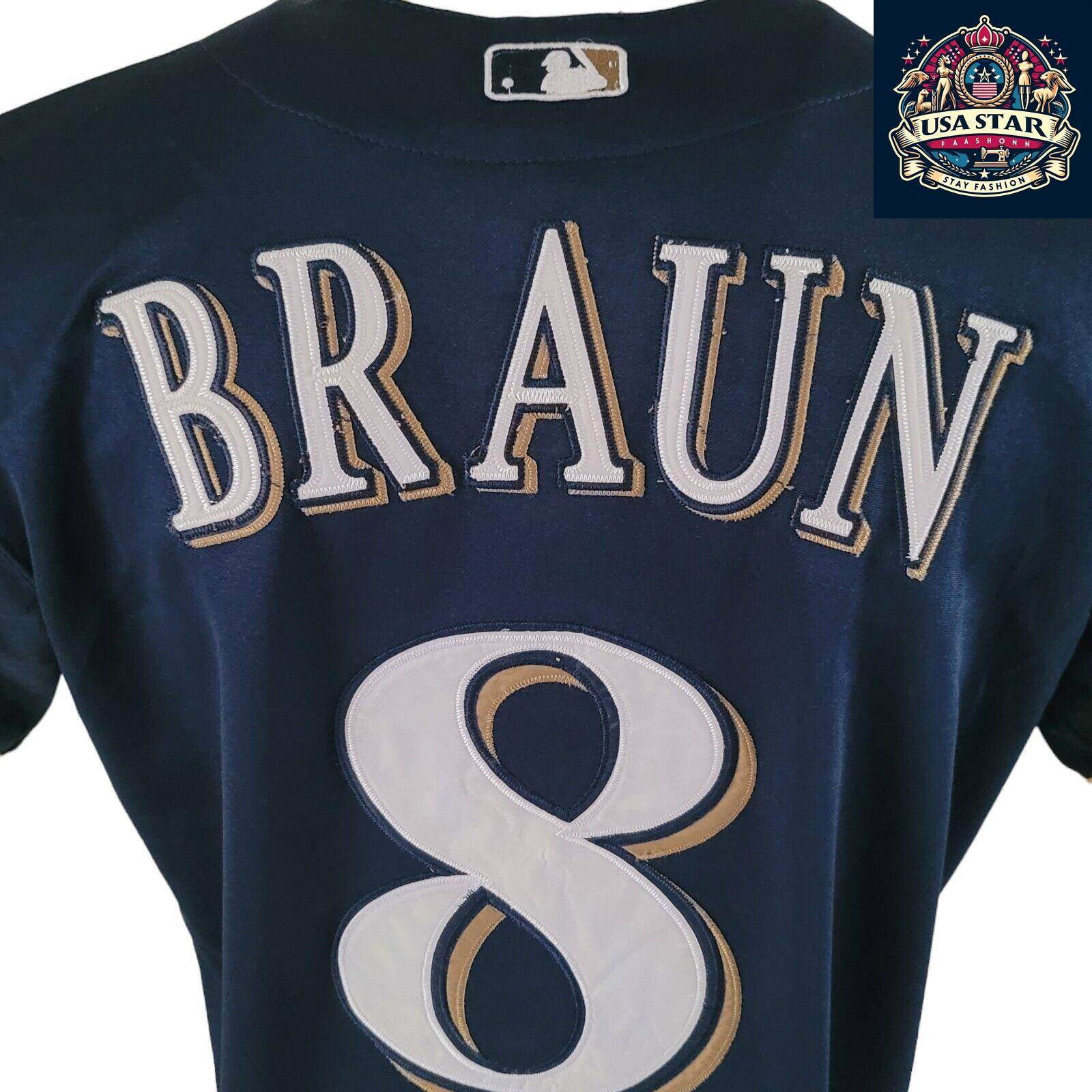 Ryan Braun T-Shirt 8 Milwaukee Brewers 40th Anniversary Majestic Tee Sz M Navy Blue Short Sleeve - USASTARFASHION