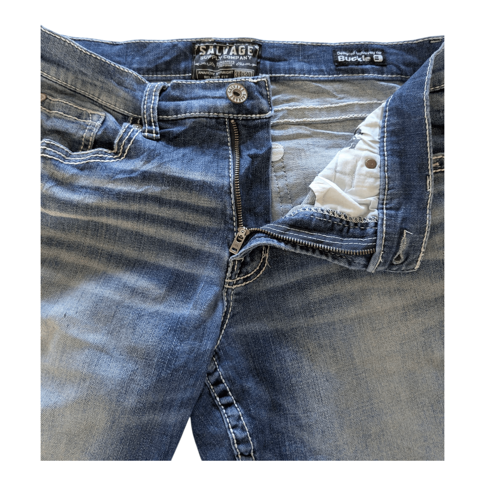 Salvage Supply Co. Jeans 34x30 Anarchy Straight Relaxed Fit Blue Buckle Distress - USASTARFASHION