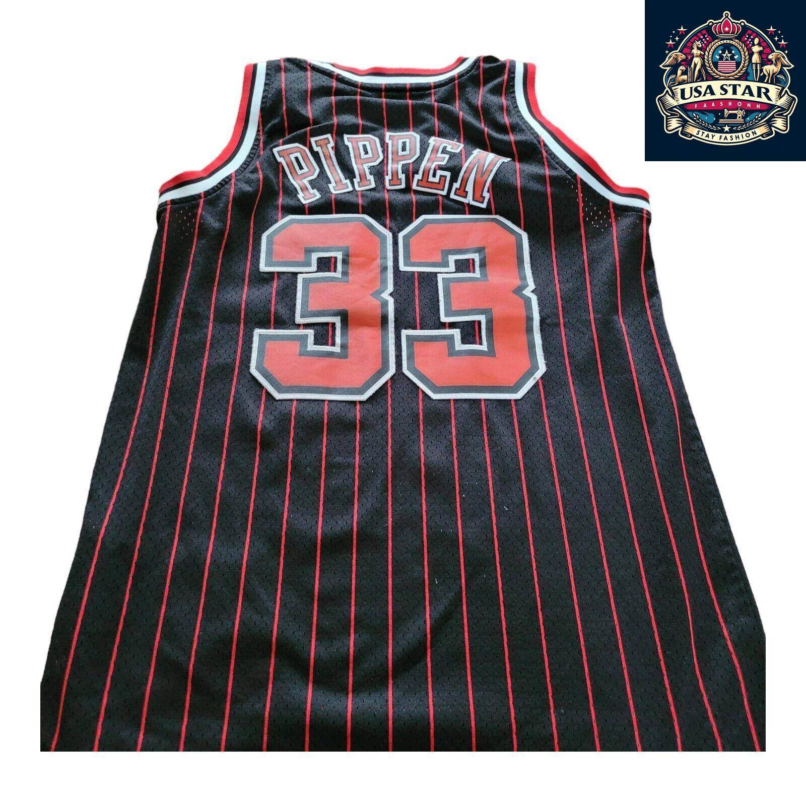 Scottie Pippen 33 Chicago Bulls Jersey - Black Red Pinstripe Vintage M - NBA Apparel - USASTARFASHION