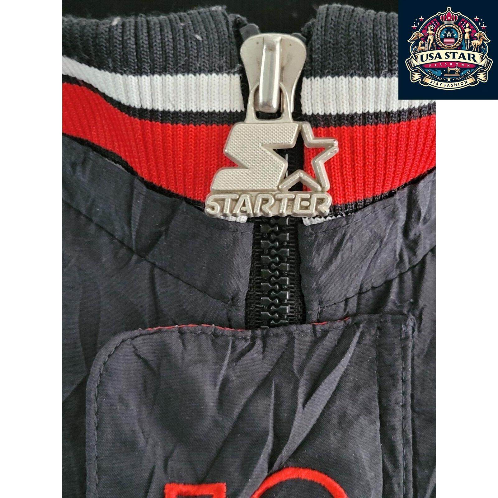 Starter Chicago Bulls Jacket 90s Puffer Bomber, Black Red, Size L, Bold Branding, Functional Design - USASTARFASHION