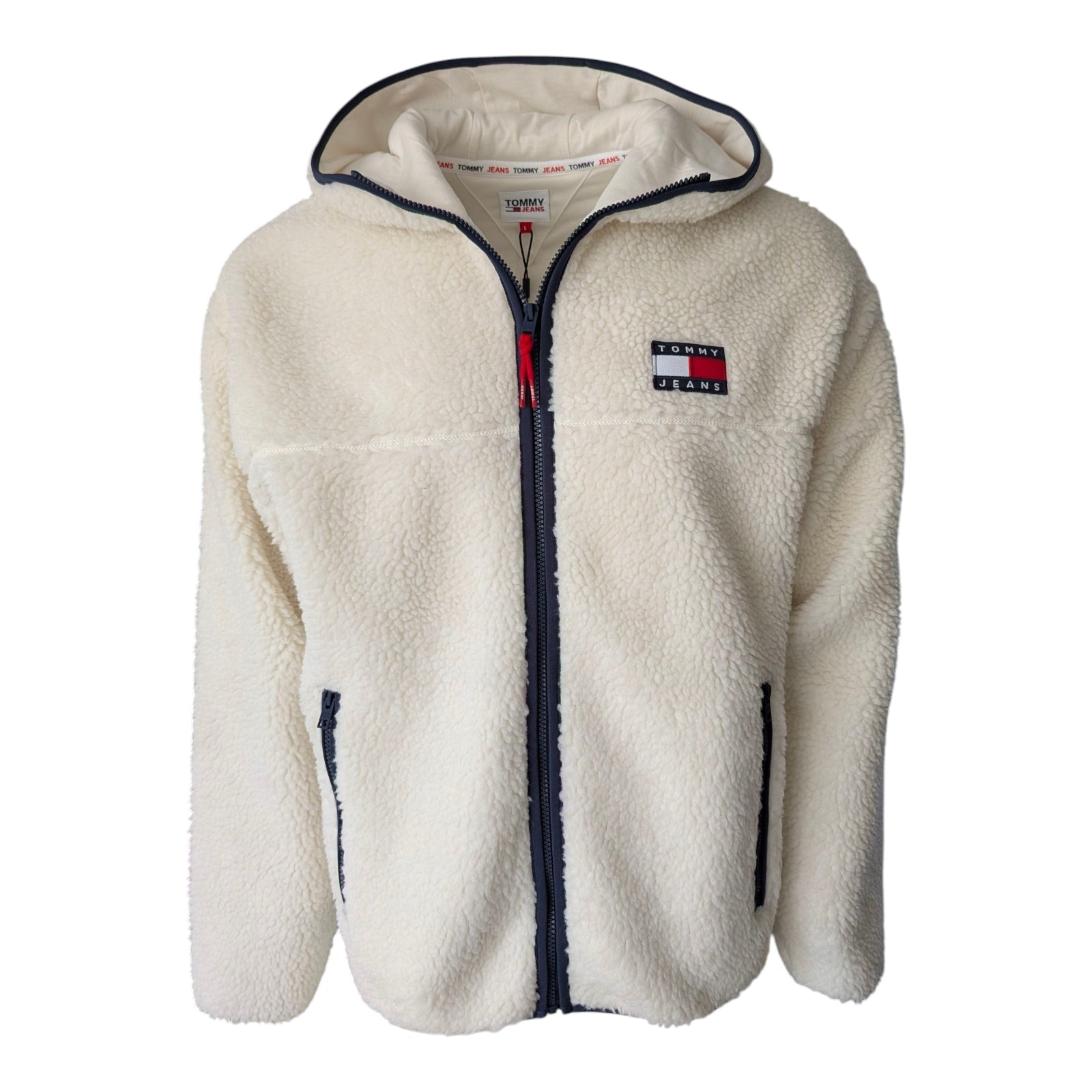 Tommy Jeans Sherpa Zip Hoodie Jacket Ecru Fleece Men’s Size L - USASTARFASHION
