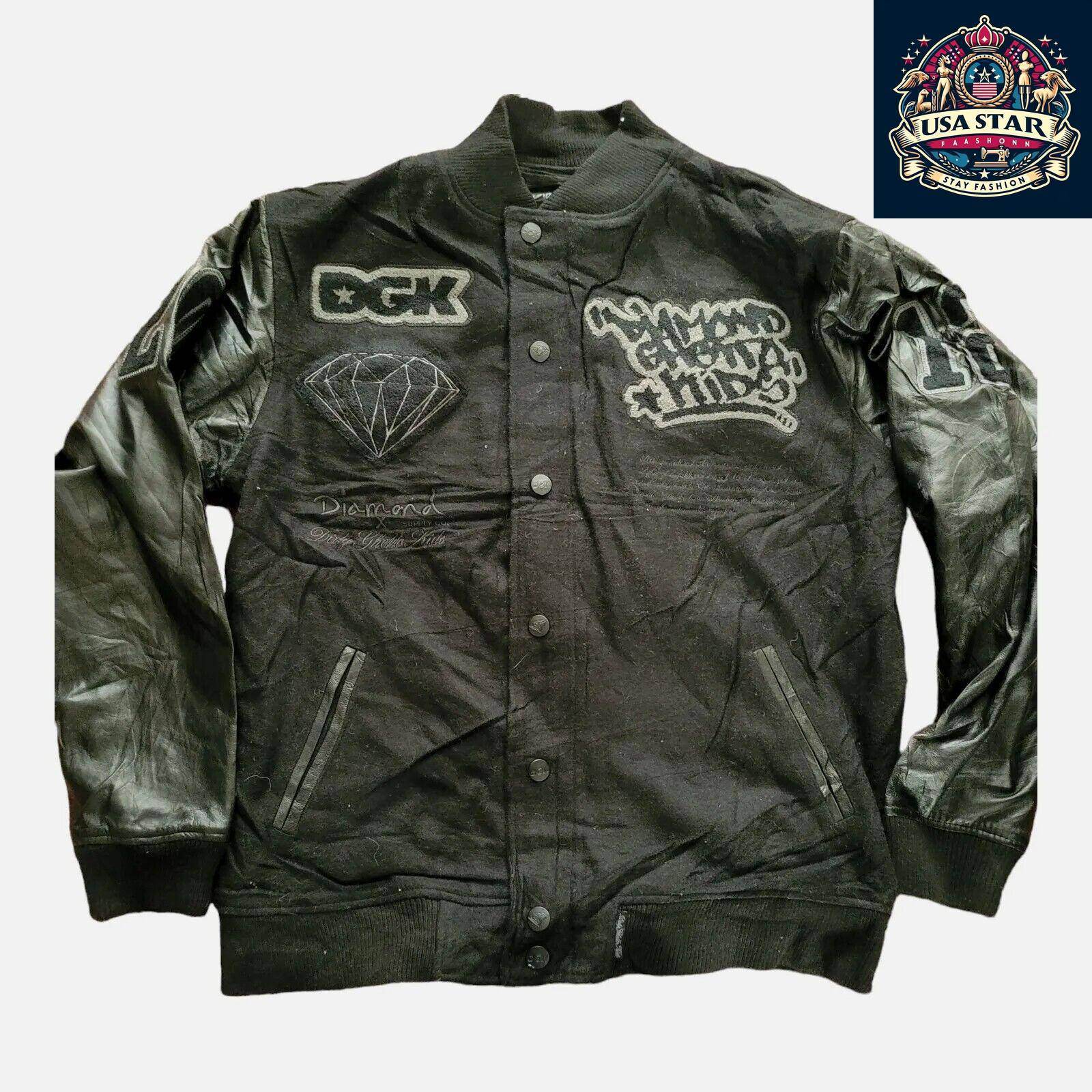 DGK Diamond X Supply Co Dirty Ghetto Kids Jacket Mens XL Black Leather Wool Varsity - USASTARFASHION