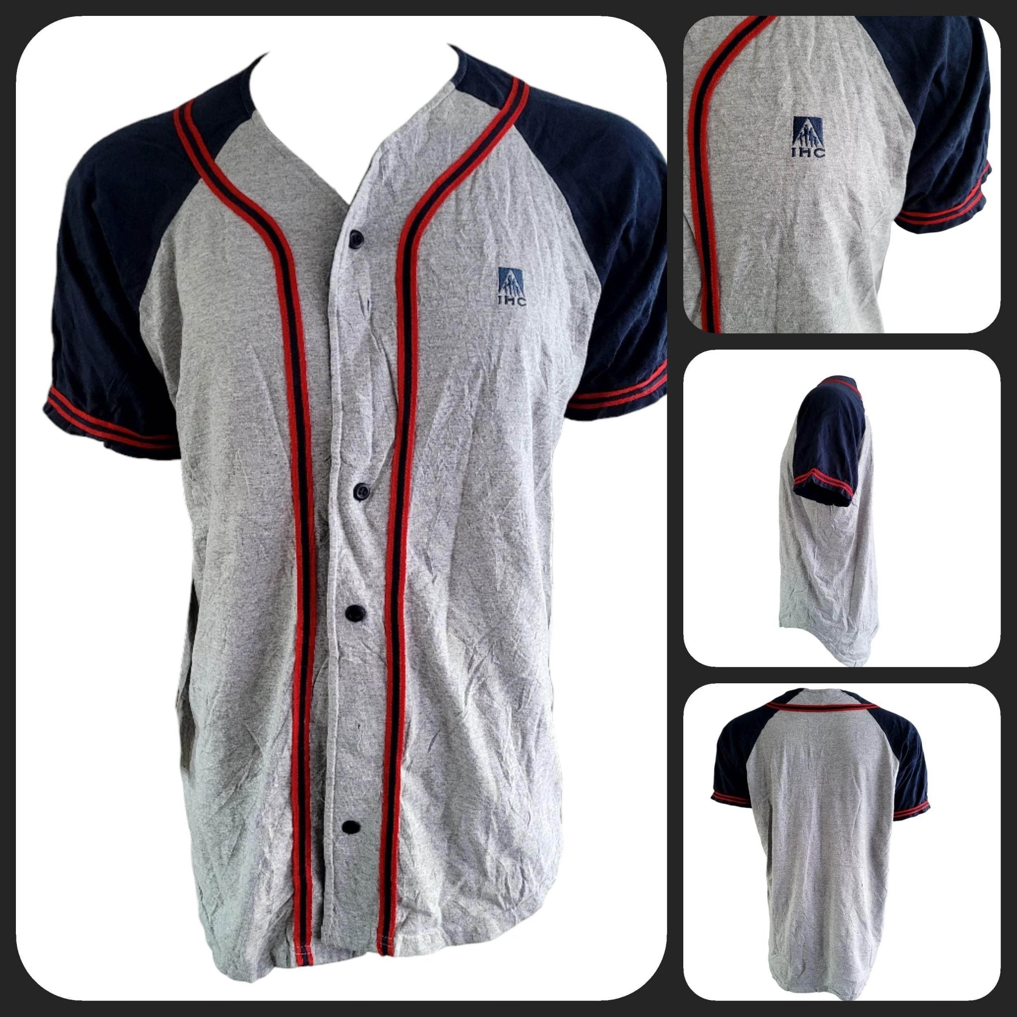 IHC Logo Badger Sportwear Baseball Jersey Gray Navy Button - Up XL Made in USA - USASTARFASHION