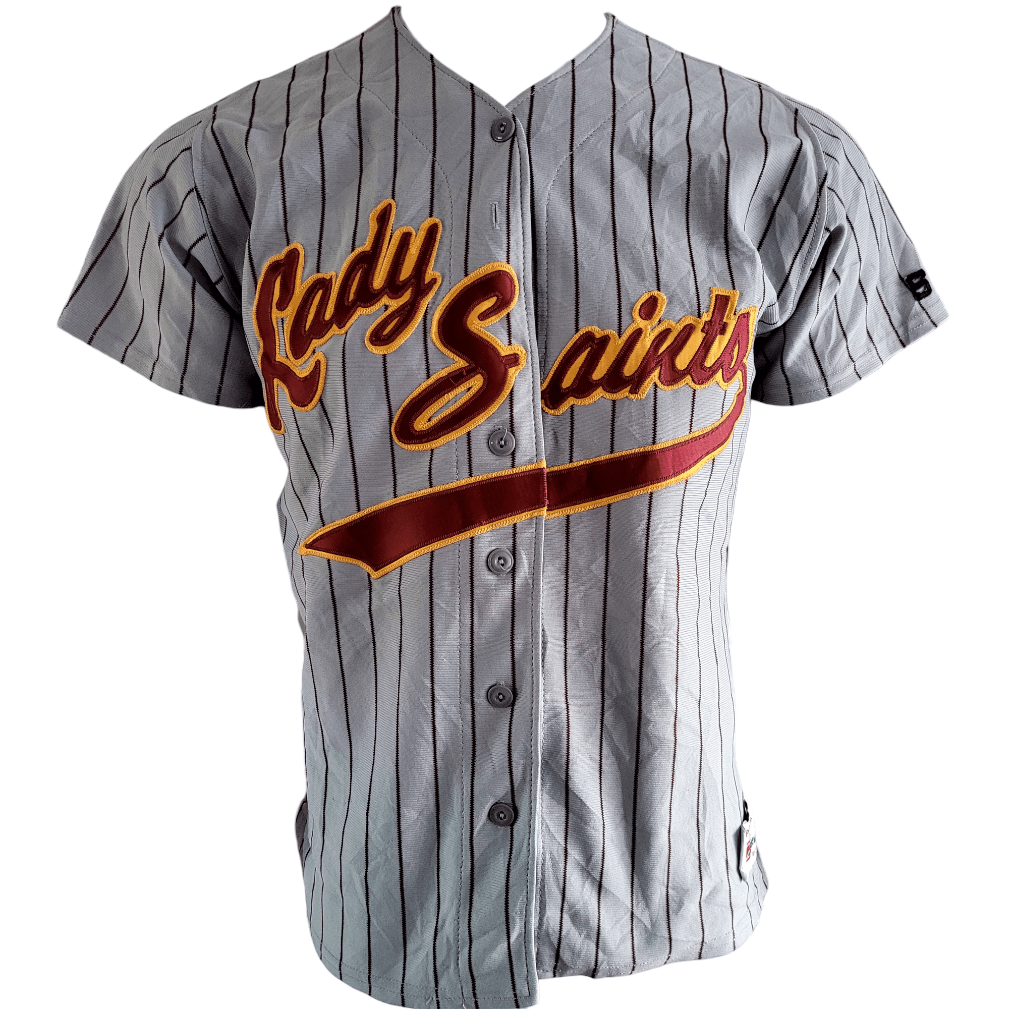Lady Saints Women's Baseball Jersey 5 in Grey Pinstripe with Maroon and Gold Accents - Medium - USASTARFASHION