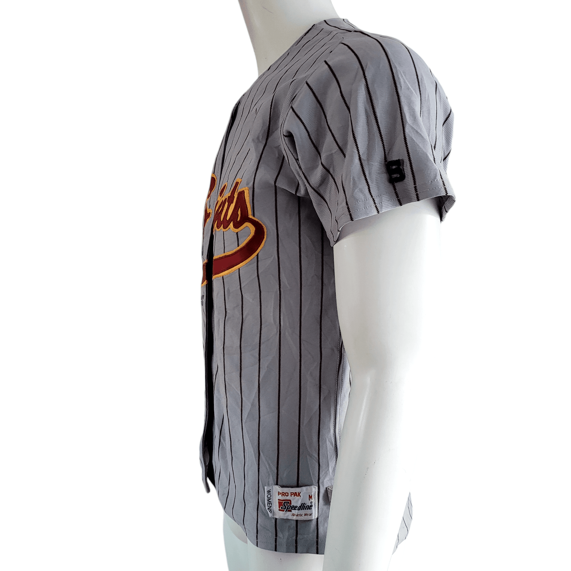 Lady Saints Women's Baseball Jersey 5 in Grey Pinstripe with Maroon and Gold Accents - Medium - USASTARFASHION