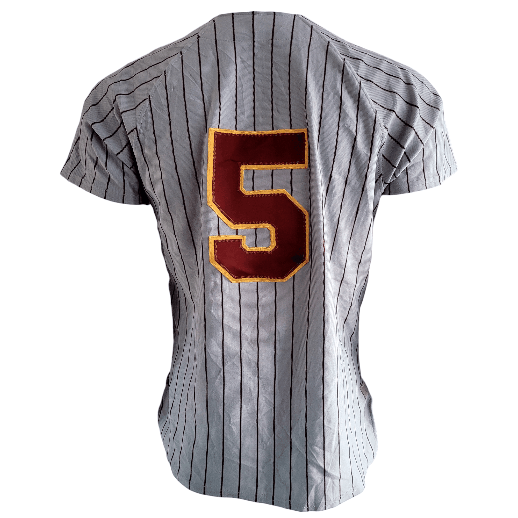 Lady Saints Women's Baseball Jersey 5 in Grey Pinstripe with Maroon and Gold Accents - Medium - USASTARFASHION
