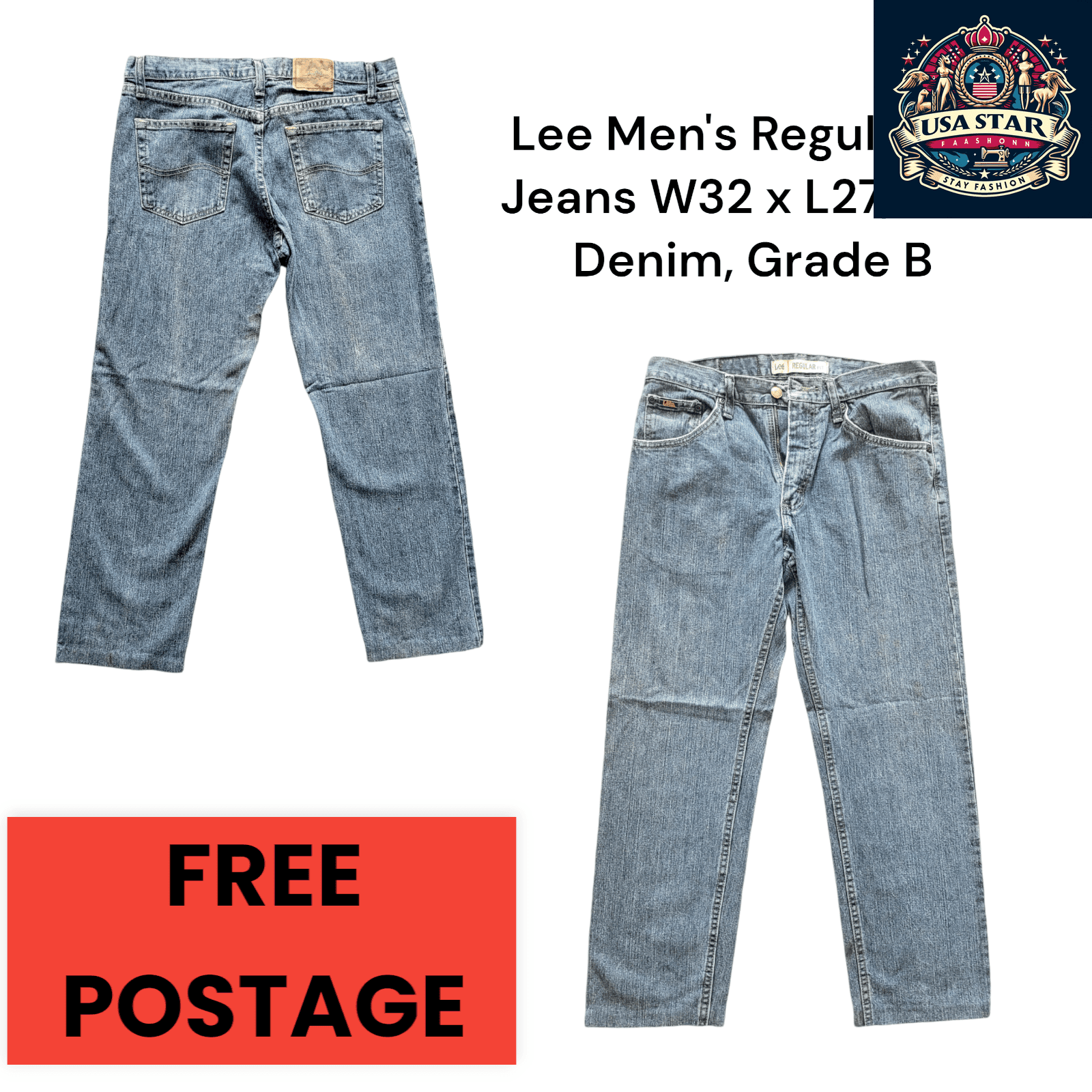 Lee Men's Regular Fit Jeans W32 x L27 in Blue Denim, Comfortable, Durable Everyday Wear - USASTARFASHION