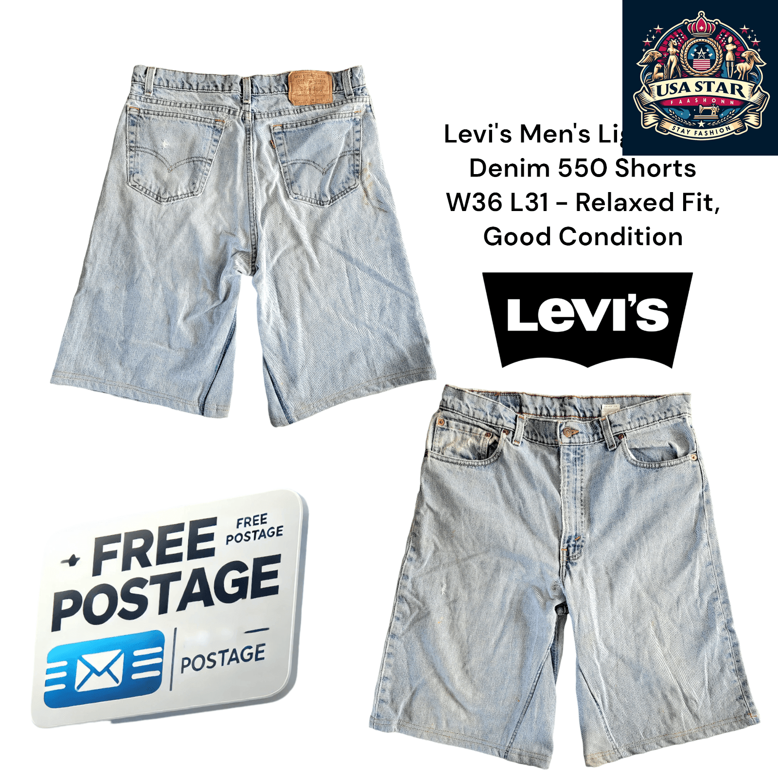Levi's Denim Shorts W36 L31 - Light Blue Relaxed Fit, Durable Construction, Good Condition - USASTARFASHION