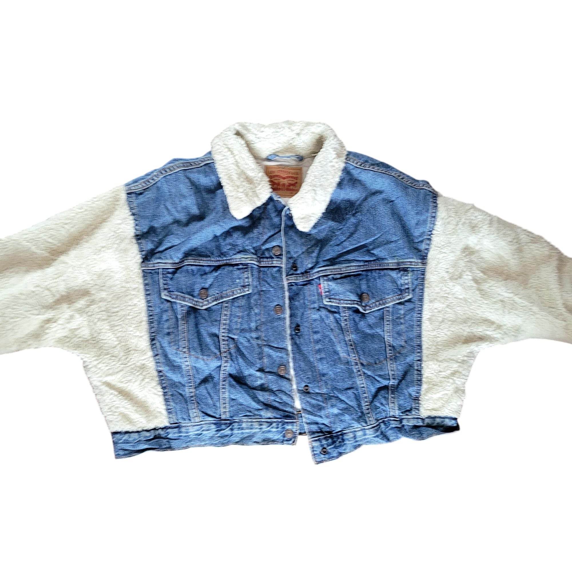 Levi’s Women’s Cropped Sherpa Trucker Jacket – Blue Denim XL - USASTARFASHION