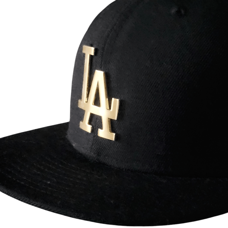Los Angeles Dodgers New Era Fitted Cap - Black With Gold Metal "LA" Logo, Size 7 3/8 - USASTARFASHION