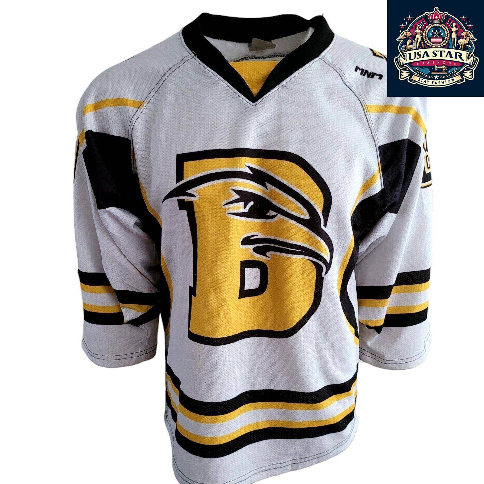 MNM Hockey Club Goalie Jersey S - 100% Polyester, Eagle Head Design, White with Black & Yellow Accents - USASTARFASHION
