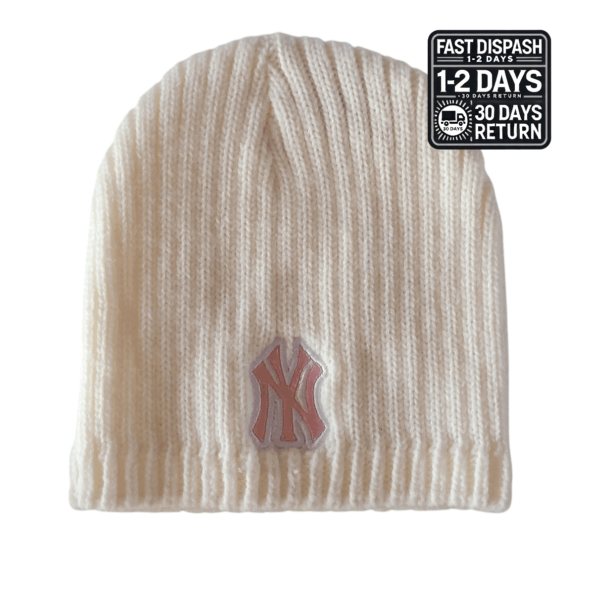 New Era Beanie - Cream Knit Hat with Reflective Multicolor NY Logo - 100% Acrylic, Size 54cm - USASTARFASHION