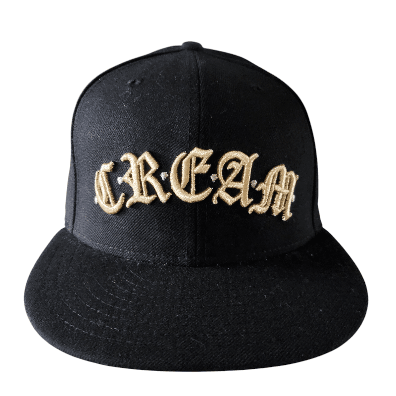 New Era Cap Size 7 3/8 - Black Fitted Hat with Gold C.R.E.A.M Gothic Script Embroidery - USASTARFASHION