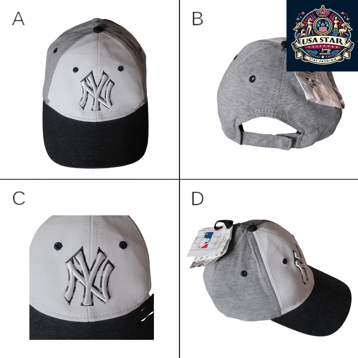 New York Yankees Baseball Cap Adjustable Snapback in Gray, White & Black - 100% Cotton - USASTARFASHION