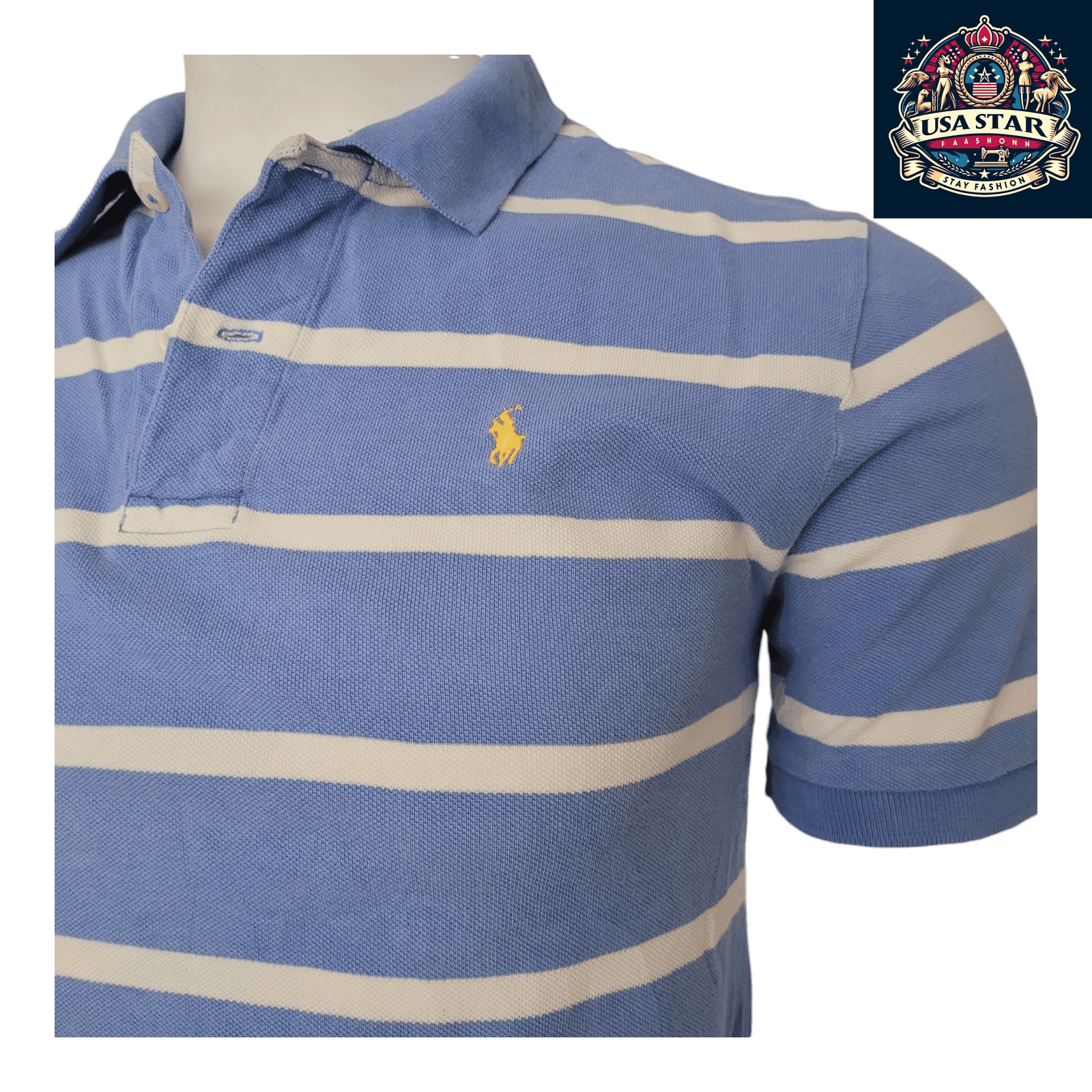 Ralph Lauren Polo Shirt Men's M 100% Cotton Blue Striped Short Sleeve for Comfort and Style - USASTARFASHION