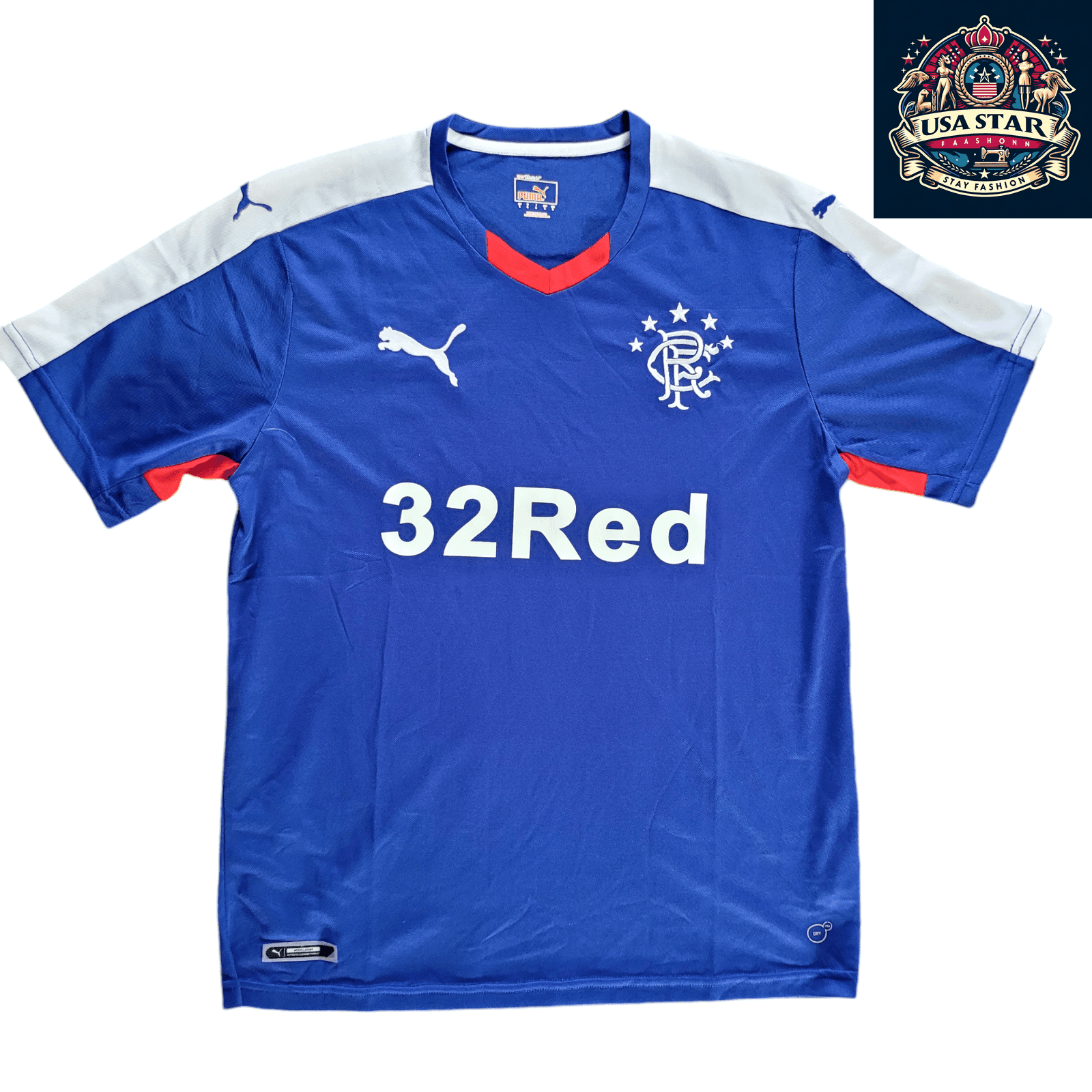 Rangers FC Jersey by Puma - 32Red Sponsor Football Shirt, Blue, Men's Large, Moisture - Wicking - USASTARFASHION